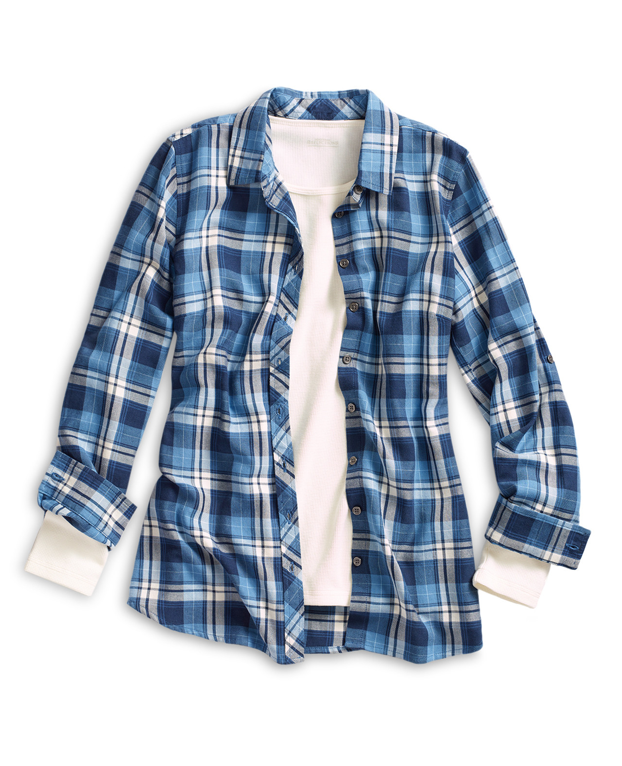 Front View of Women's  Blue Plaid Roll Tab Shirt Rolled Up Sleeves