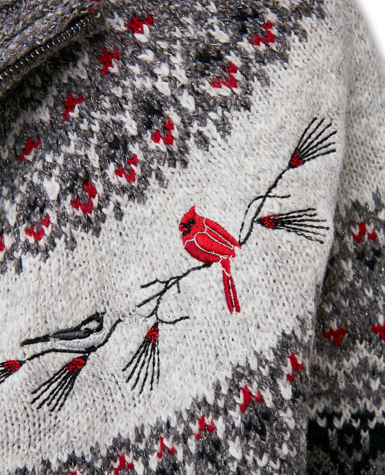 Close up View of Women's  Cardinal Embroidered Cardigan