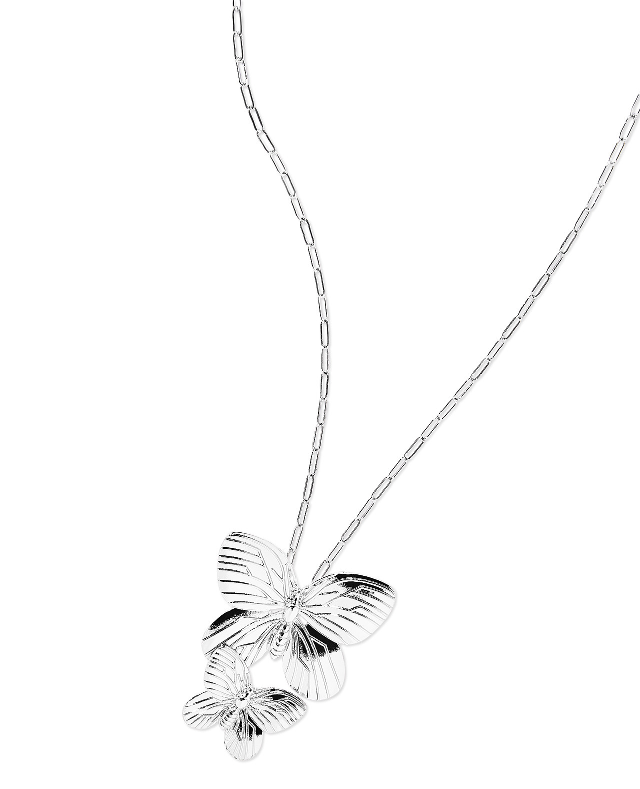 Close up of Silvertone Double Butterfly Necklace