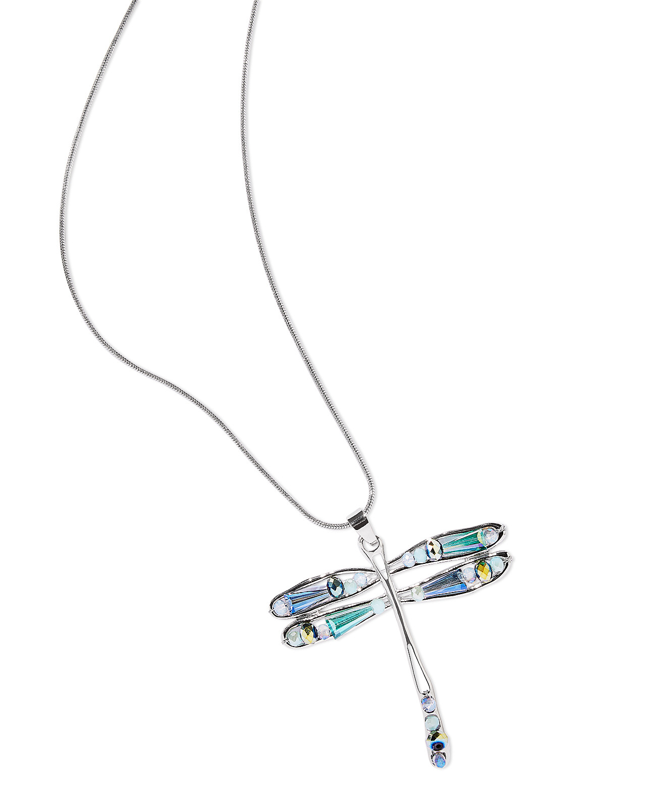 Close up of Silvertone Beaded Dragonfly Necklace