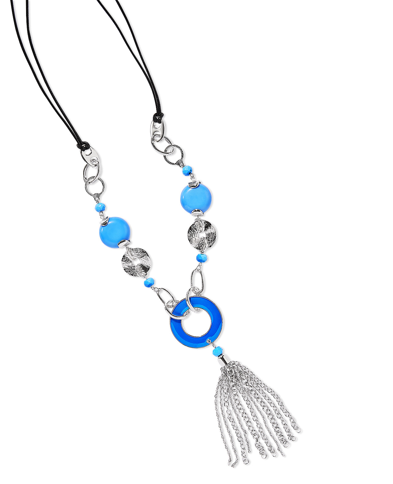 Close up of Silvertone Bead and Tassel Necklace