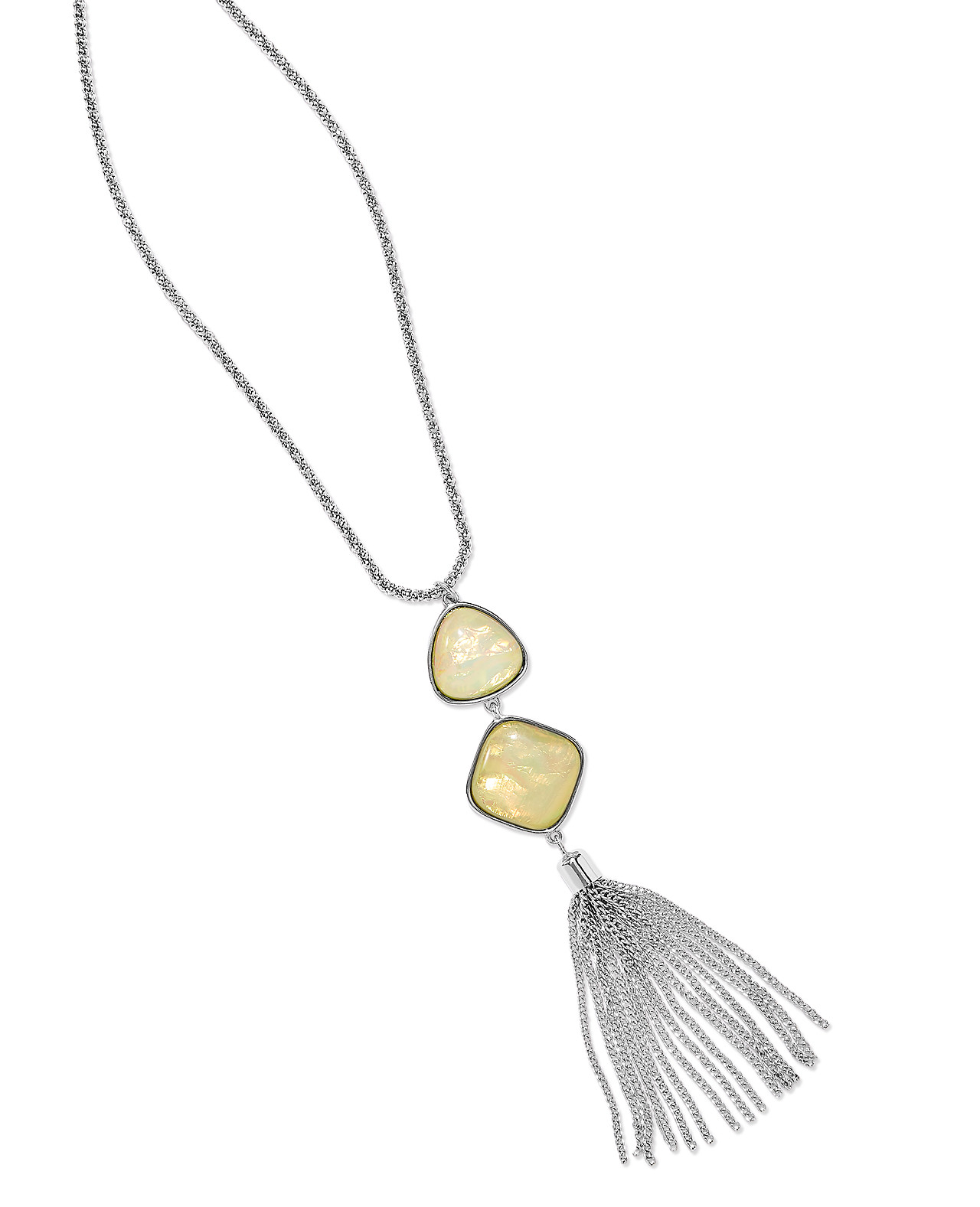 Close up of Silvertone Drop Tassel Necklace