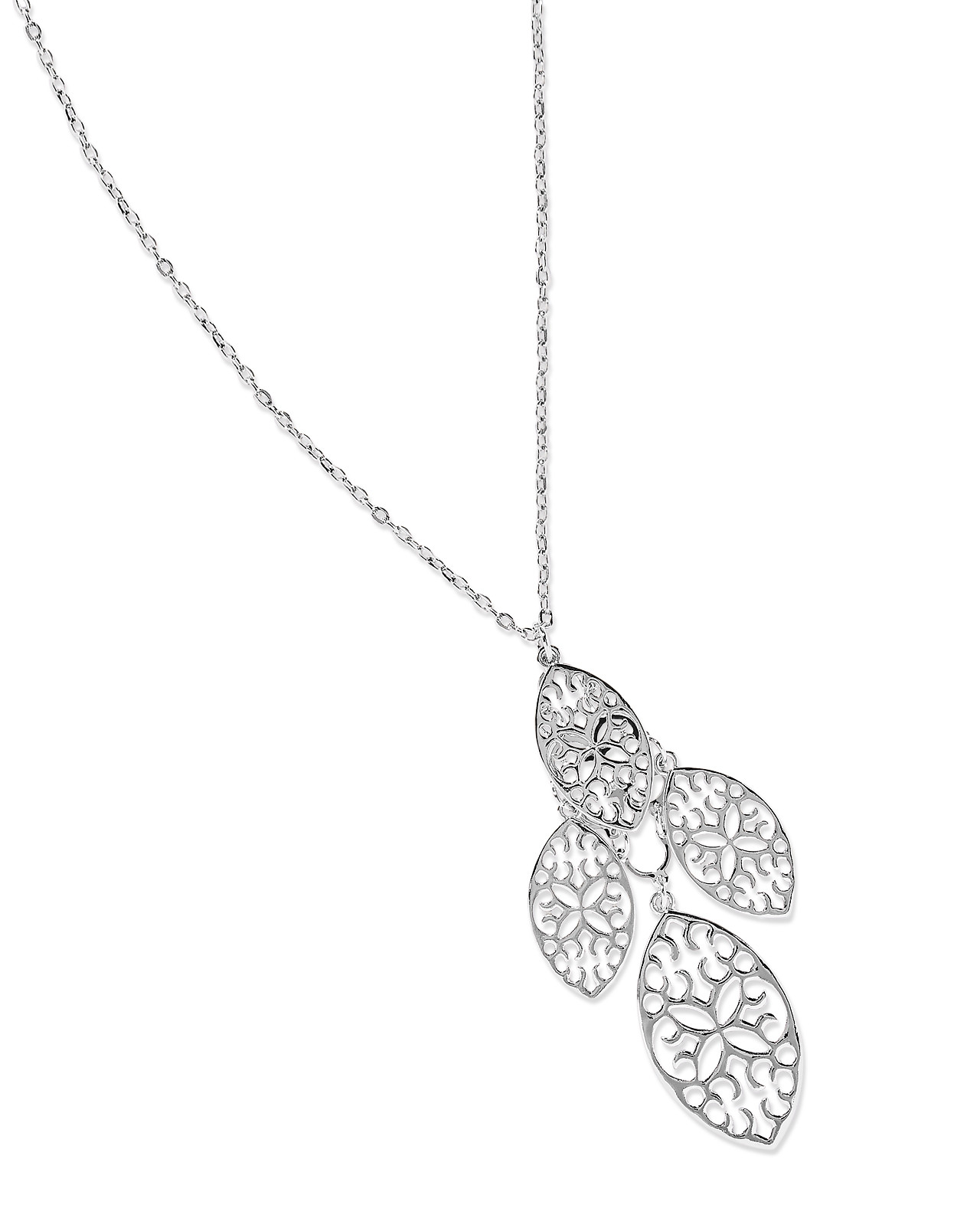Close up of Silvertone Long Filigree Necklace