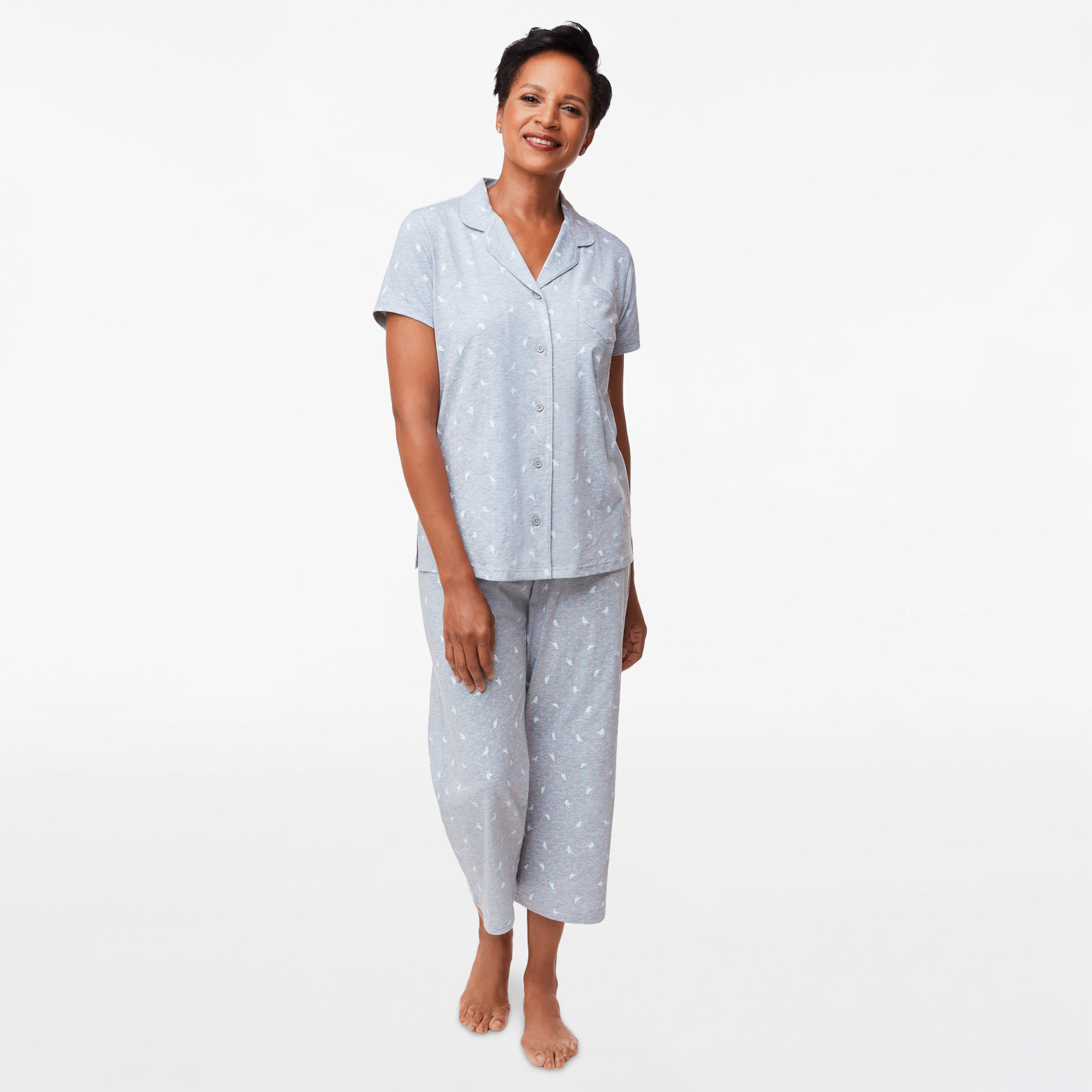 Dot and Bird Print Shirt Style PJ Set