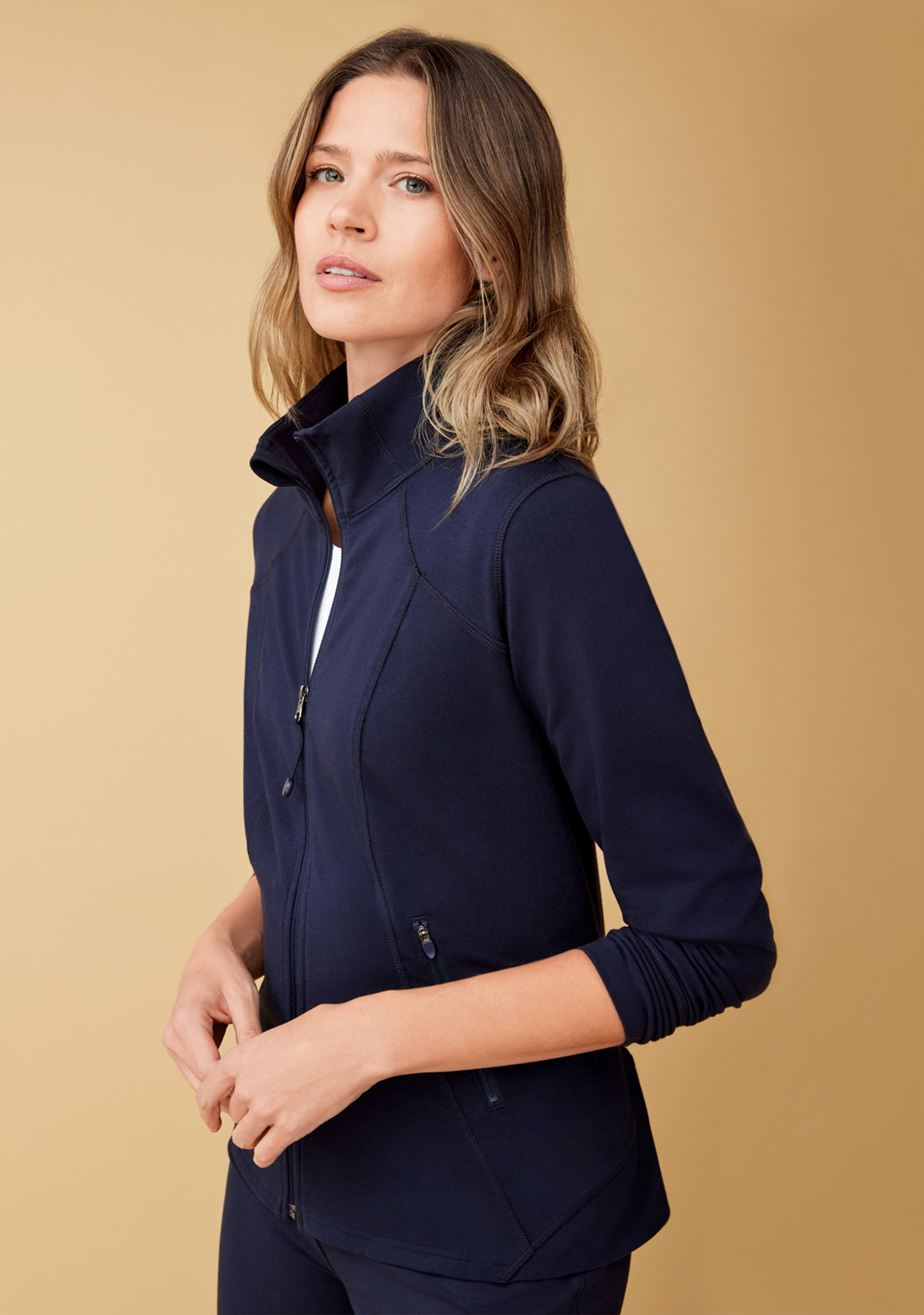 Solid Seam Zip Up Jacket Half Body Navy