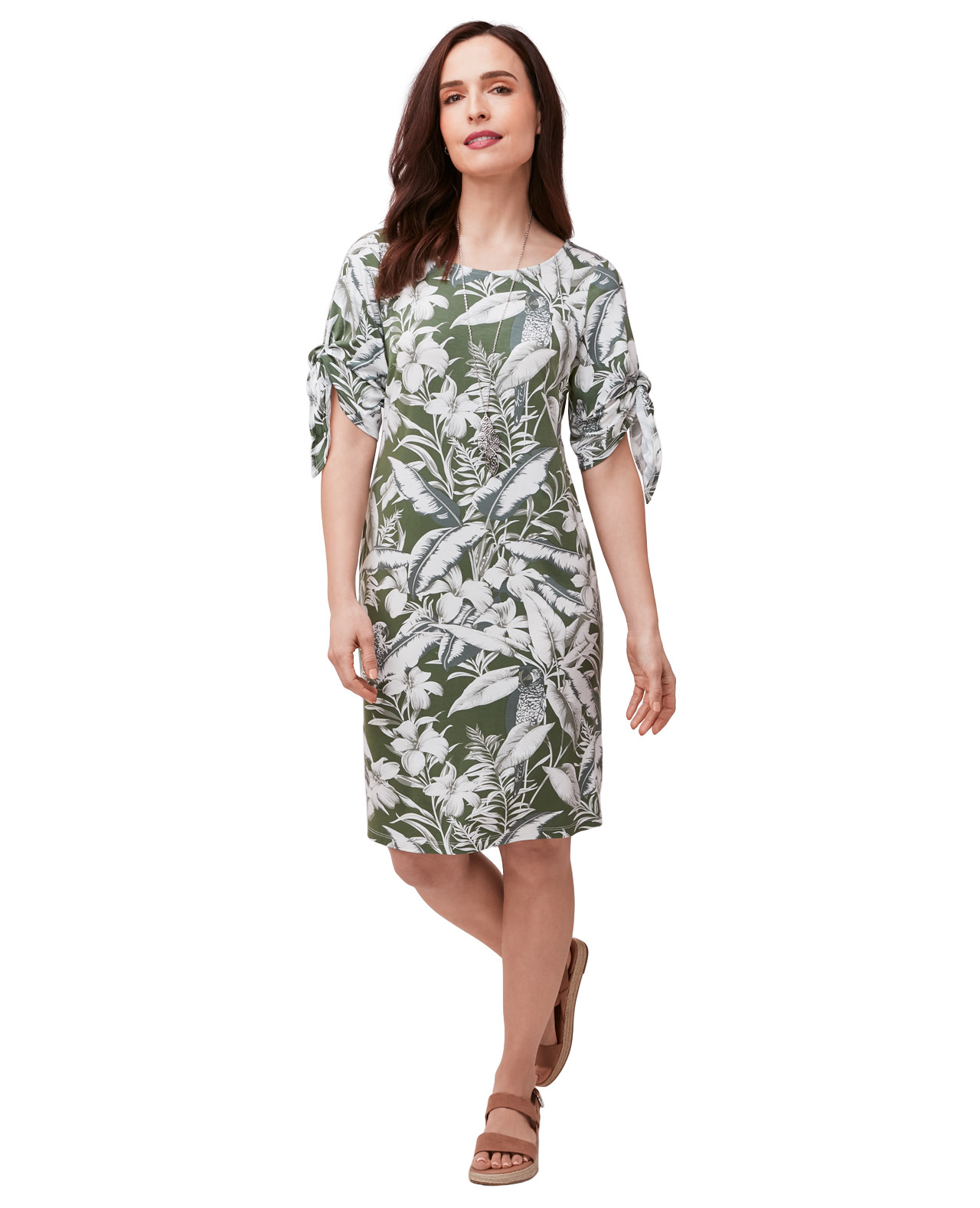 Palm Print Tie Sleeve Dress