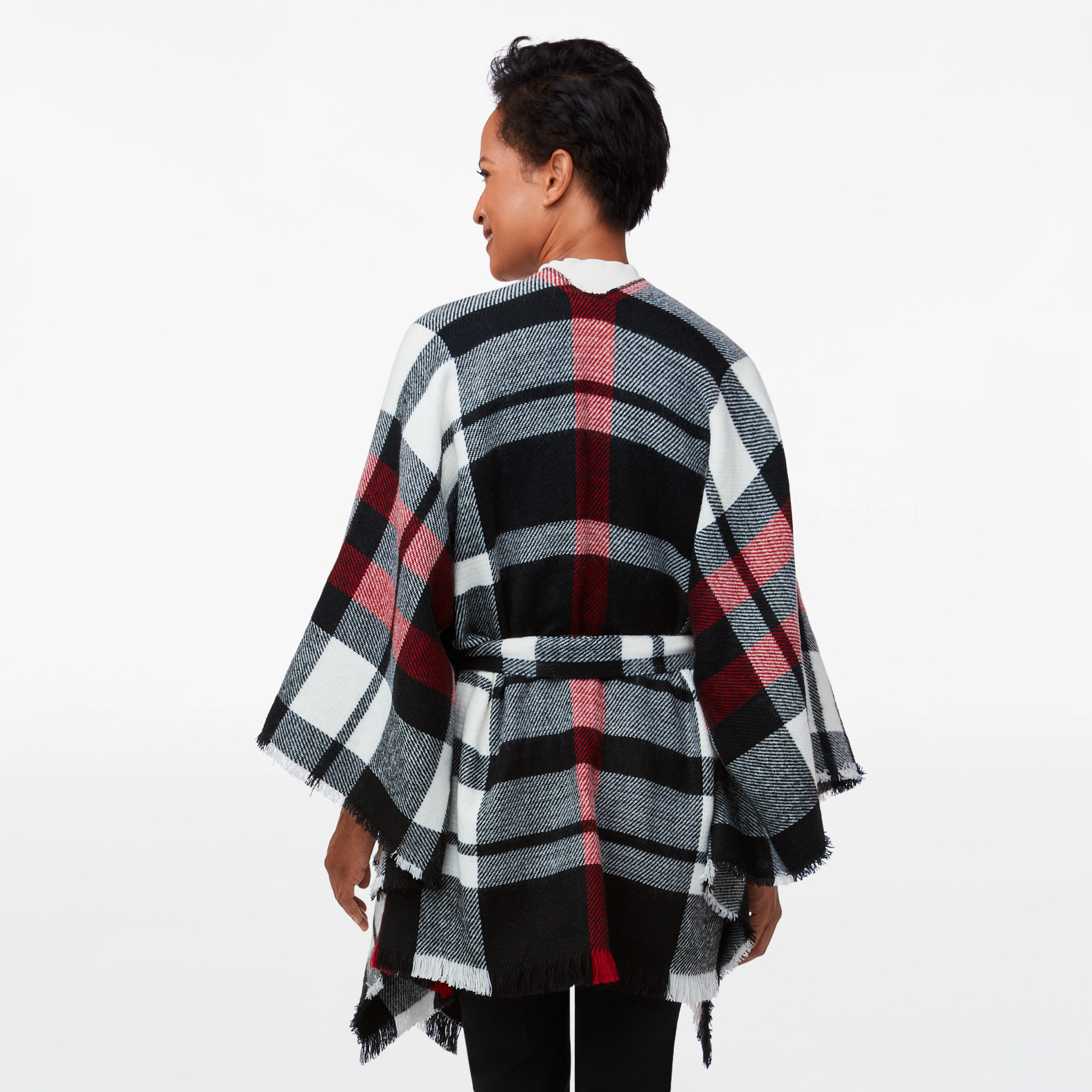 Plaid Tie Front Soft Woven Cape