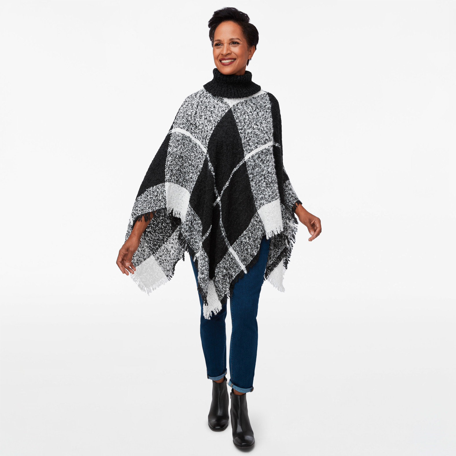Turtleneck Plaid Soft Knit Poncho