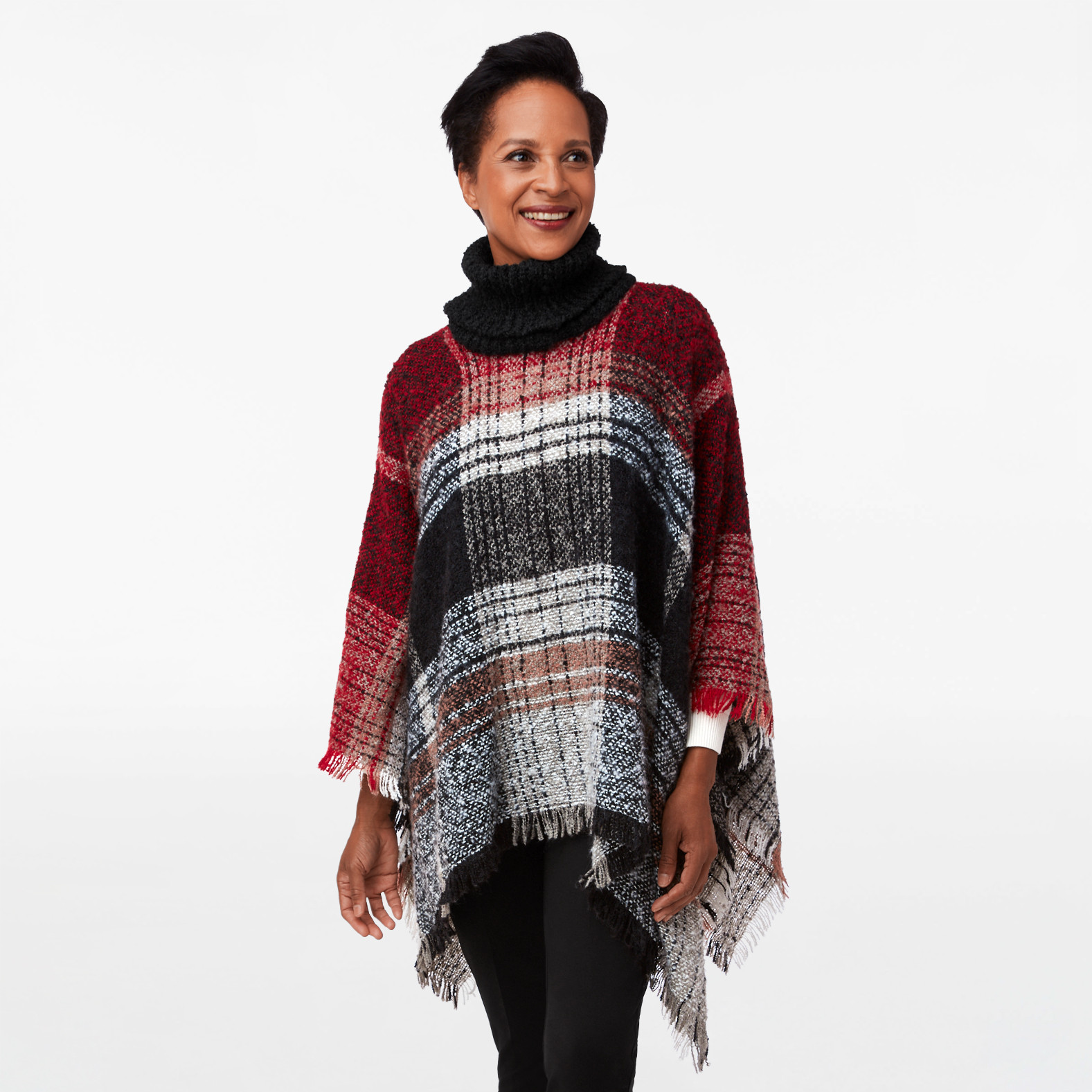 Turtleneck Fringed Soft Knit Poncho