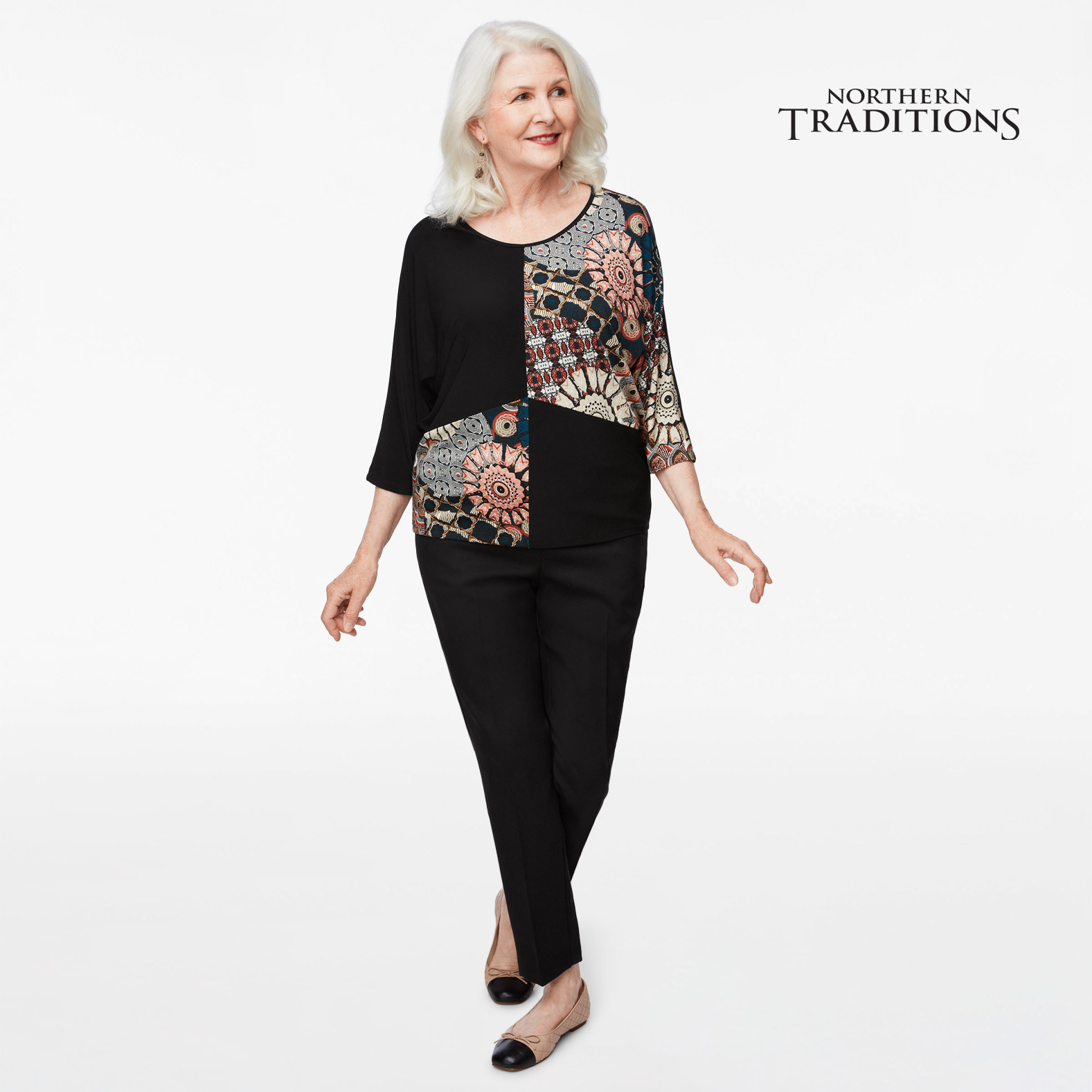 Petite - Dolman Sleeve Patchwork Print Blouse