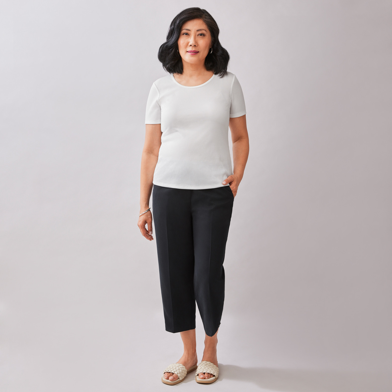 Petite - Short Sleeve Ribbed Tee Front View Full Body Untucked
