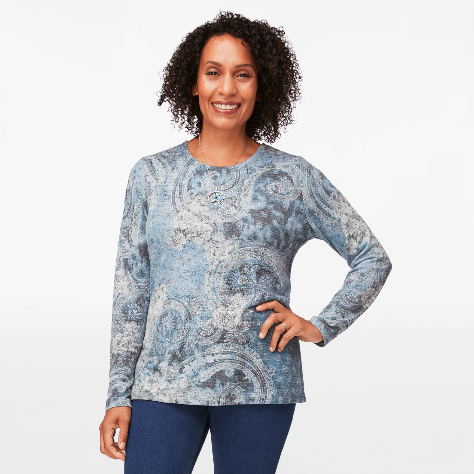 Paisley Print Rhinestone Detail Top