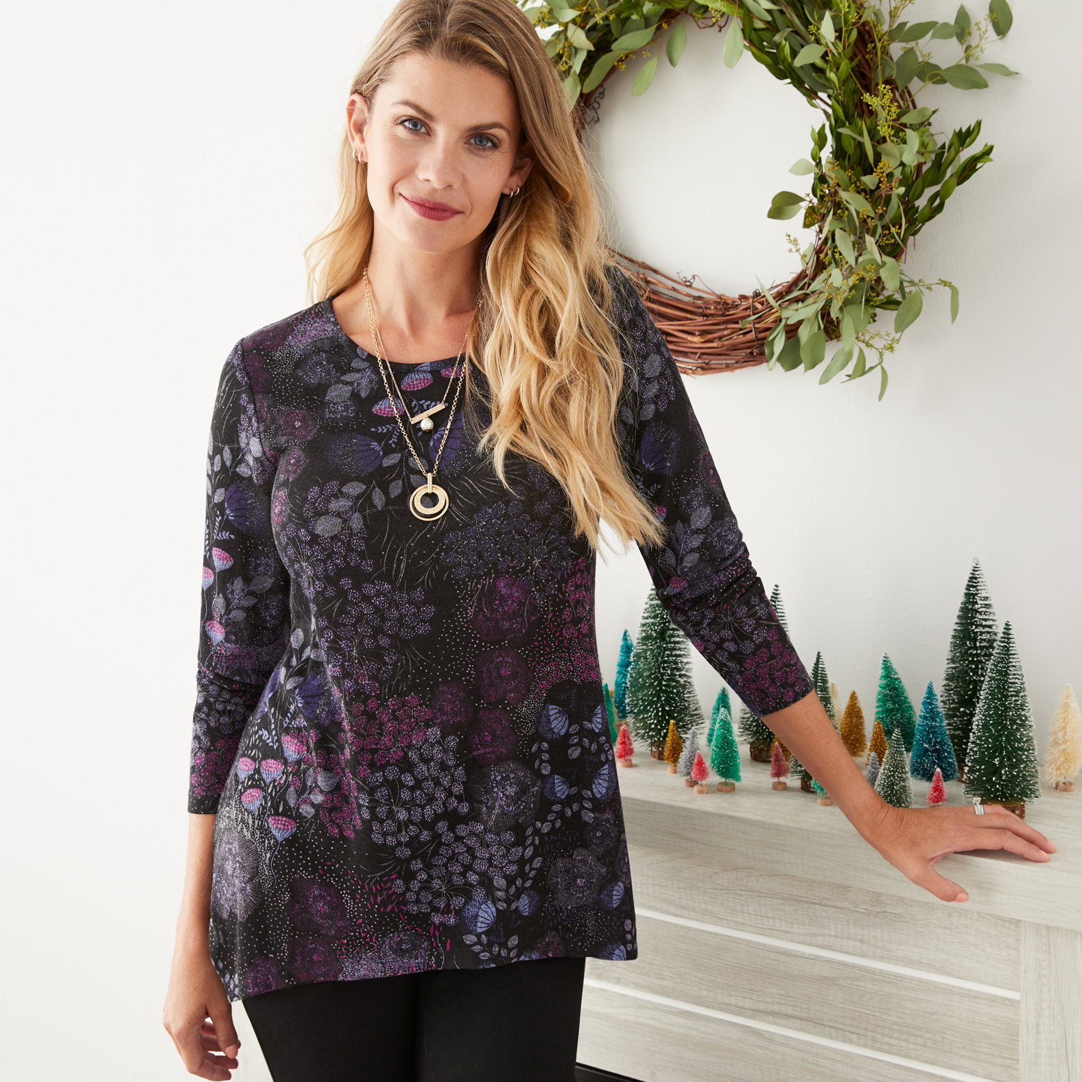 Cozy Knit Floral Print Sharkbite Top