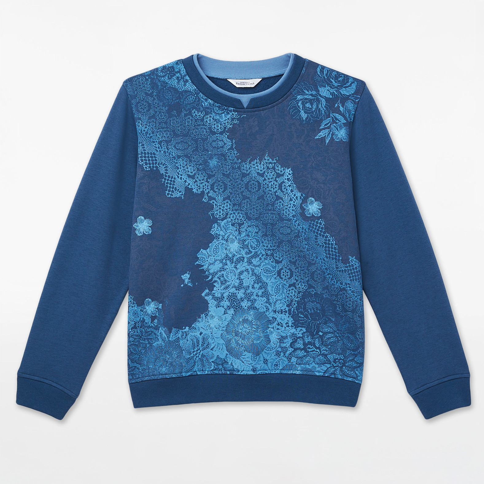 Petite - Printed Lace Notch Neck Fleece Sweatshirt