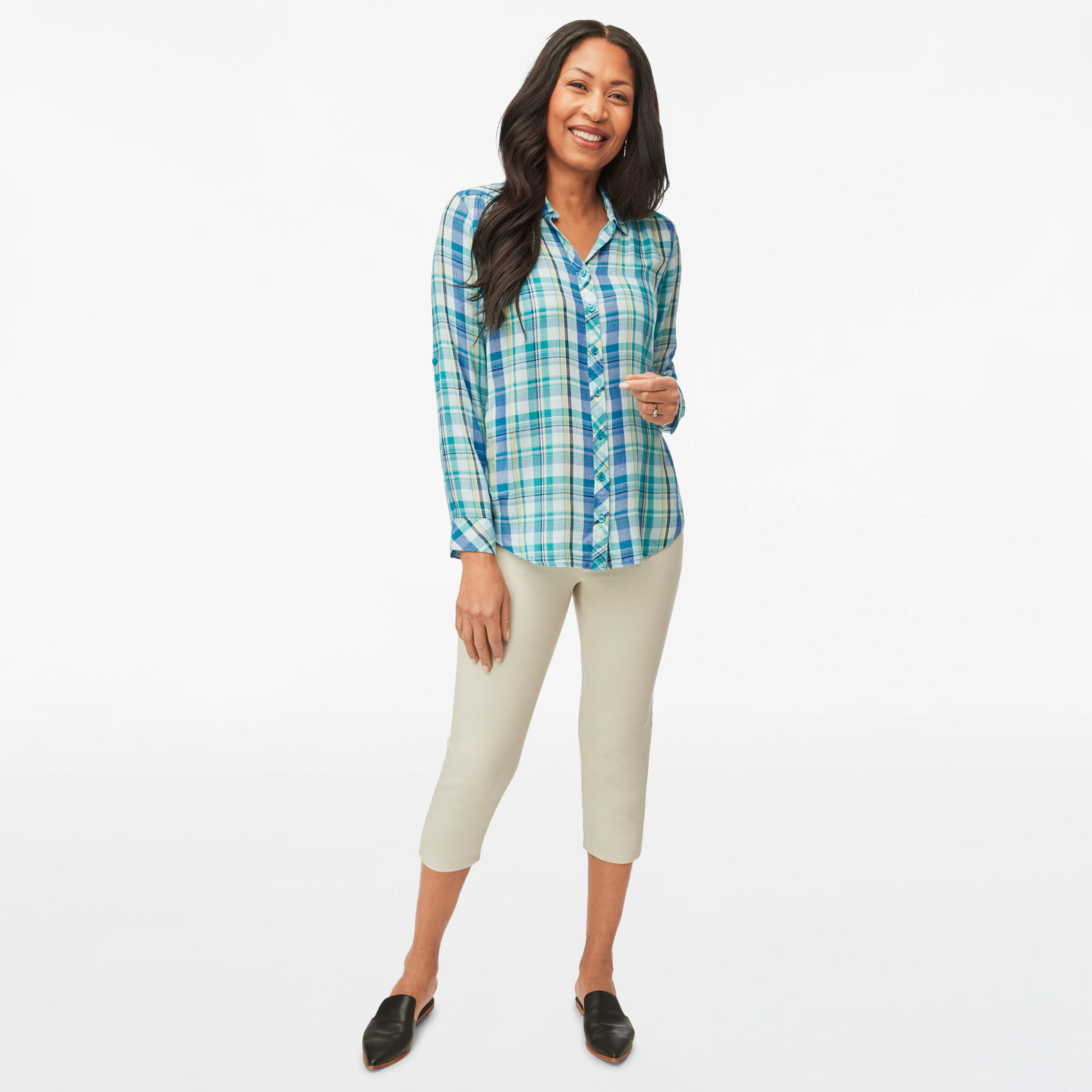 Roll Tab Plaid Shirt - Turquoise Blue