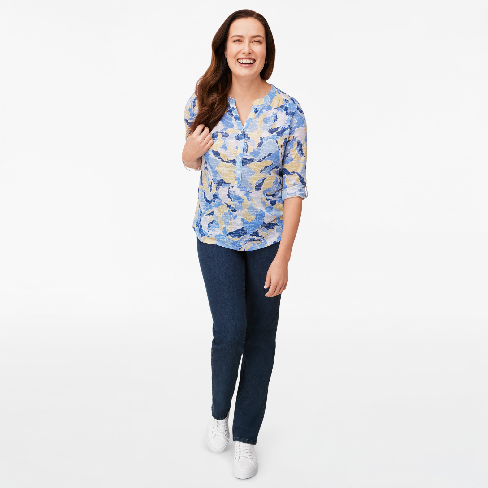 3/4 Roll Tab Sleeve Patterned Top