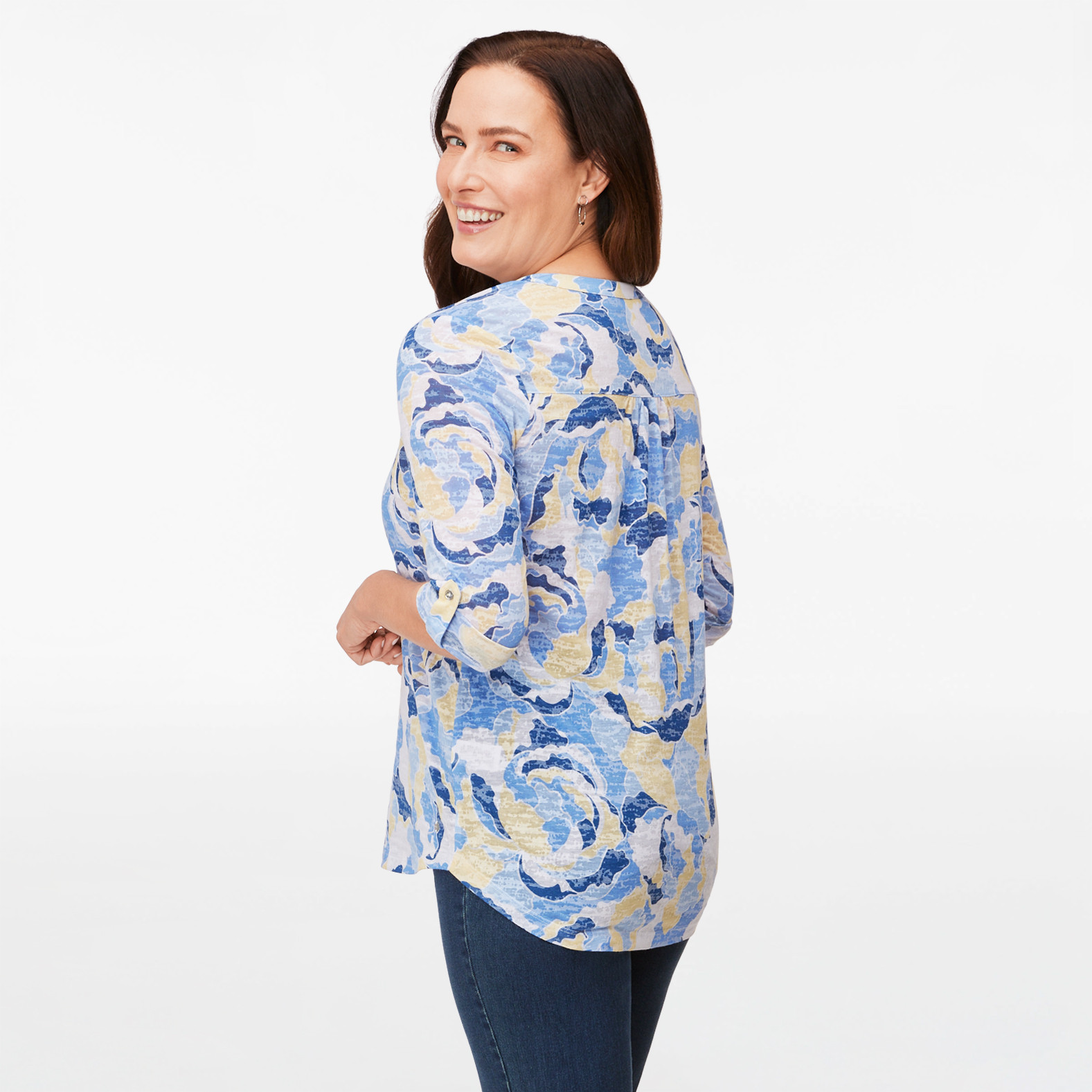 3/4 Roll Tab Sleeve Patterned Top