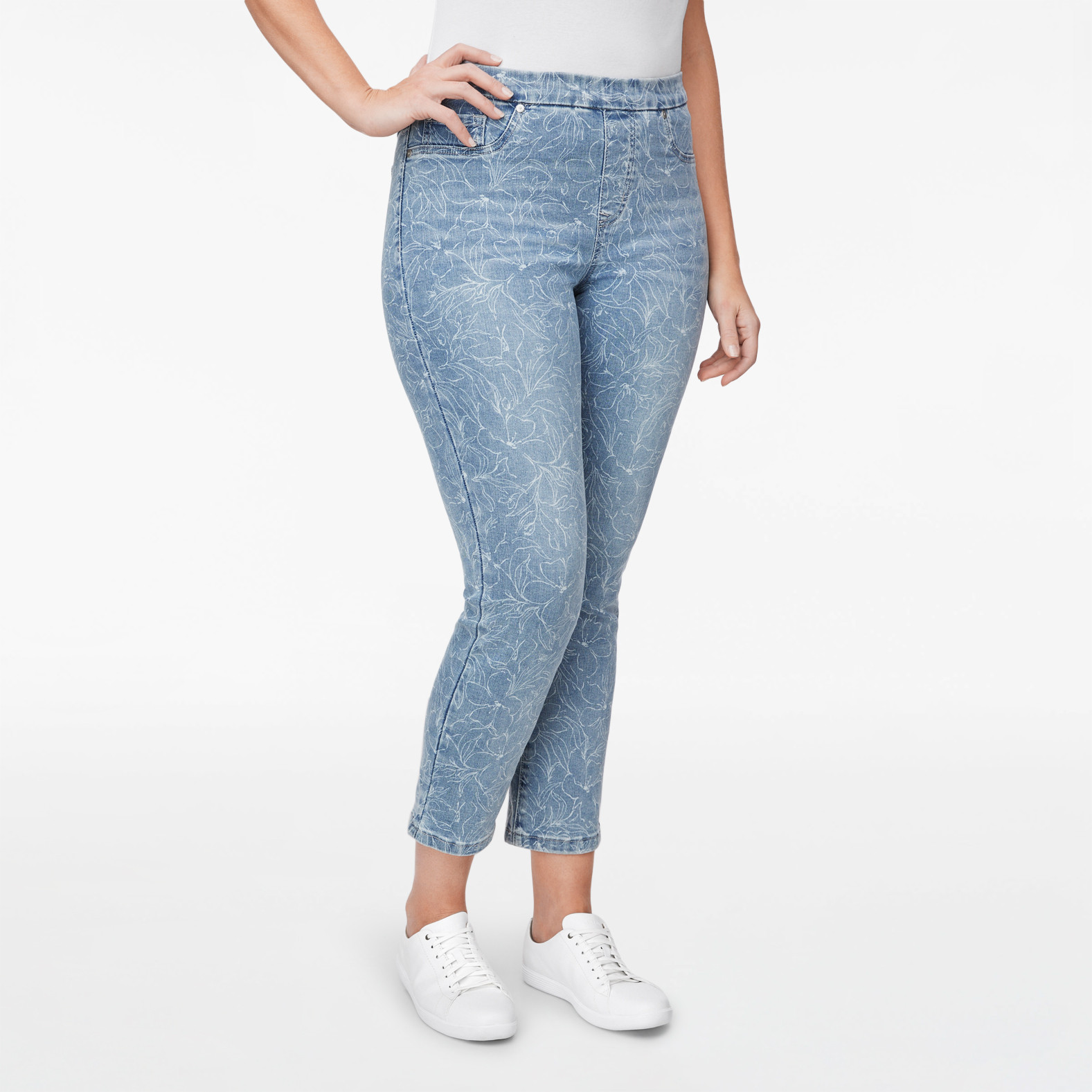 Pull On Floral Print Denim Pant