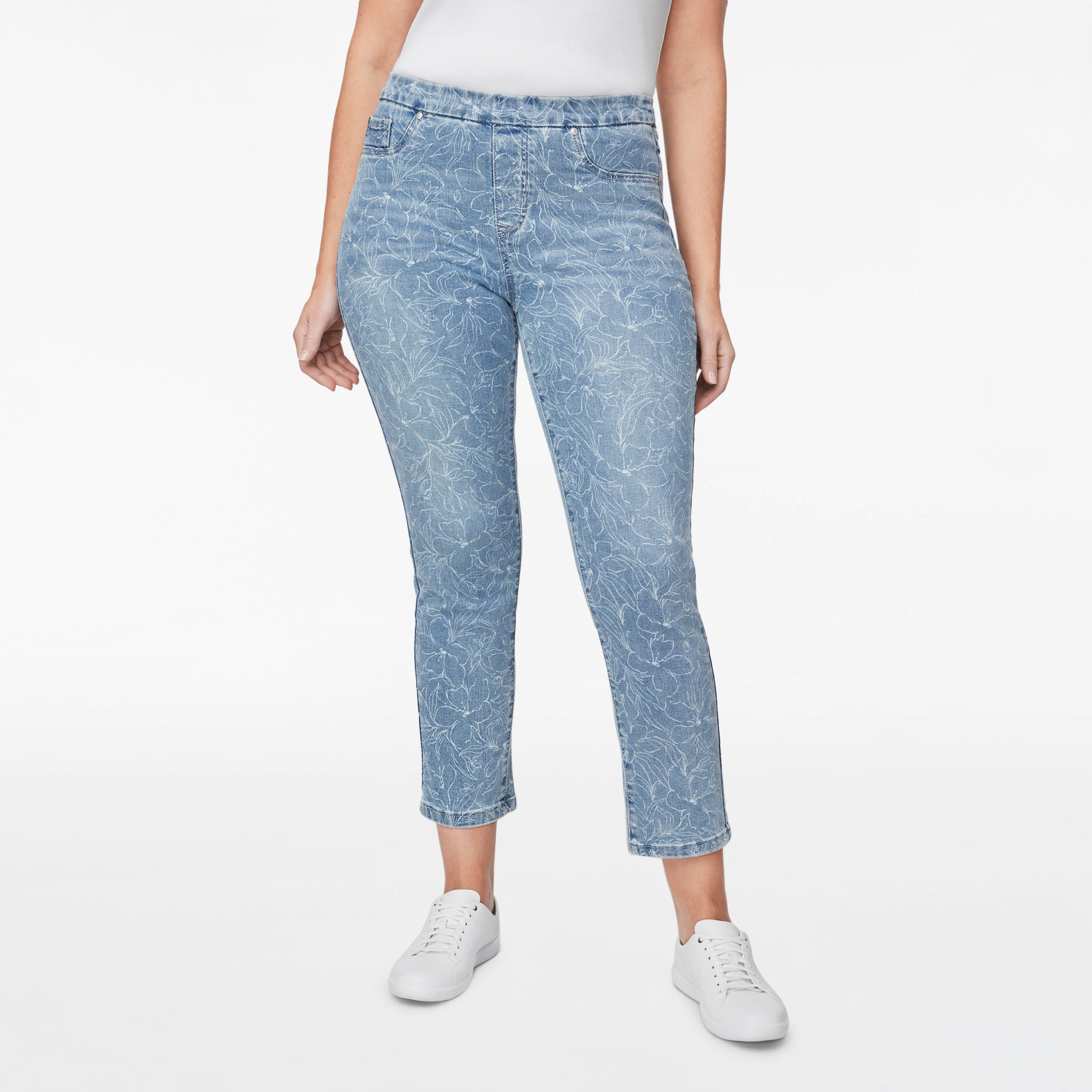 Pull On Floral Print Denim Pant