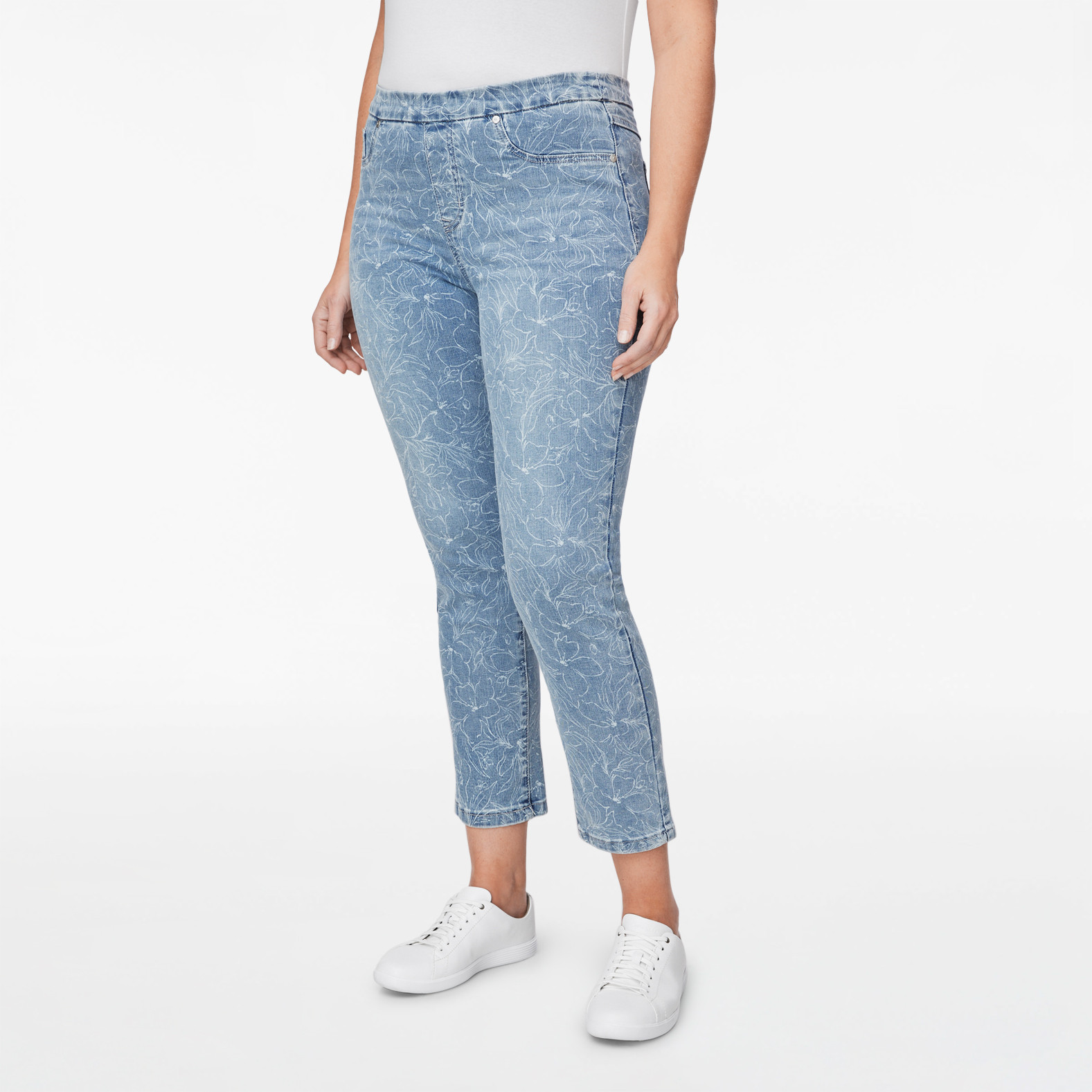 Pull On Floral Print Denim Pant