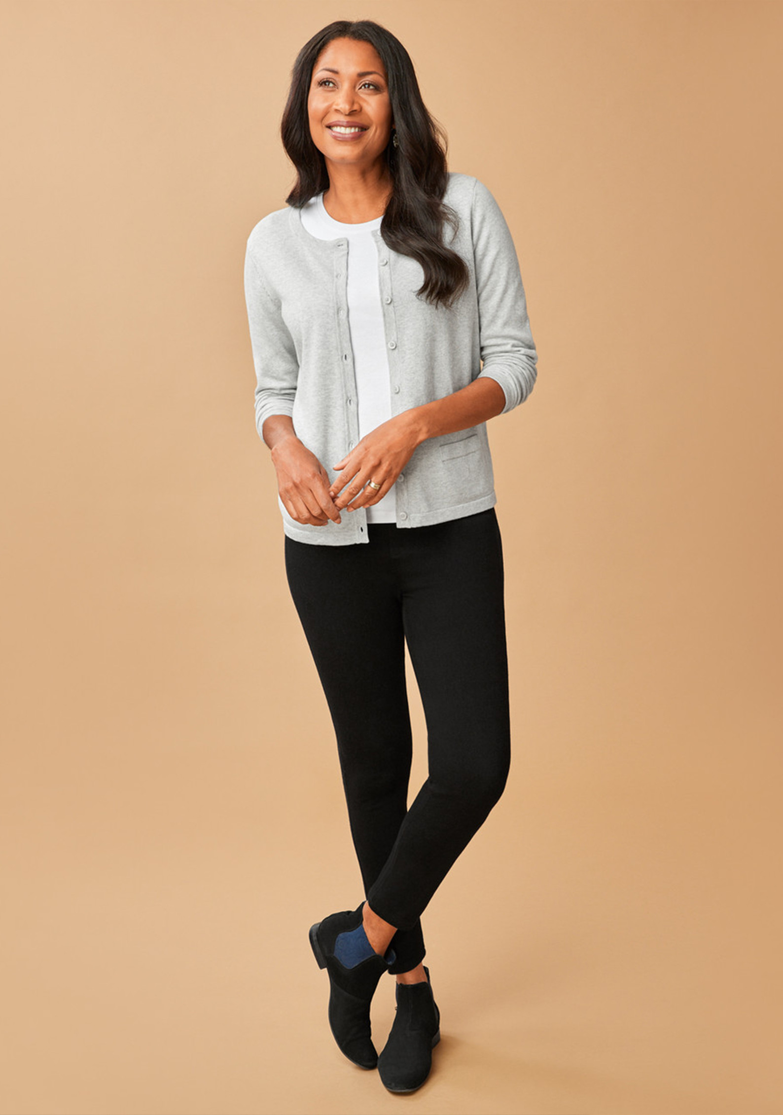 Button Front Cotton Cardigan - Half Body - Grey