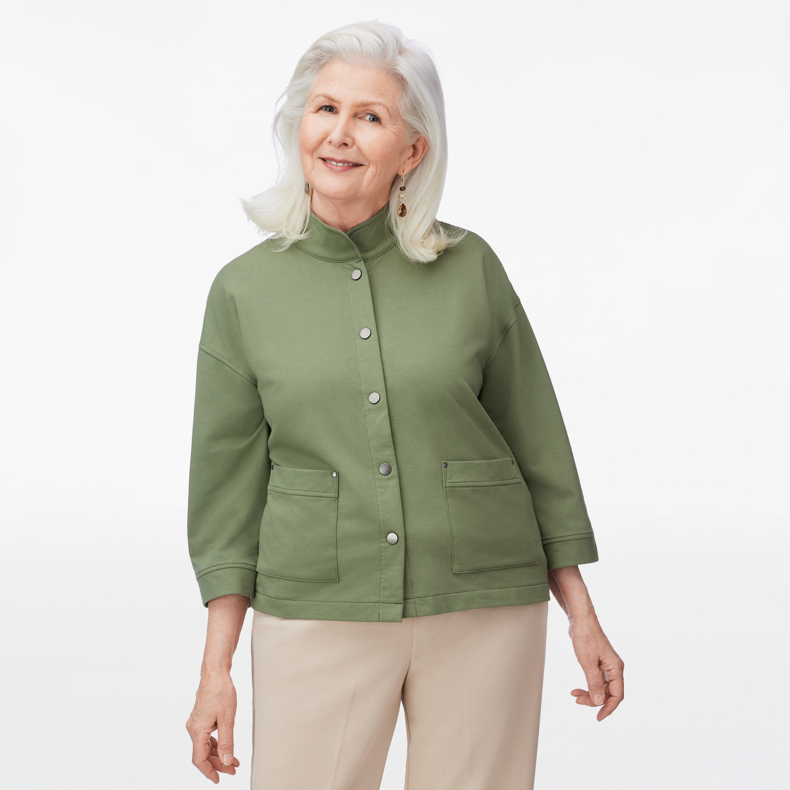 Petite - Knit Snap Front Jacket Front View Closed
