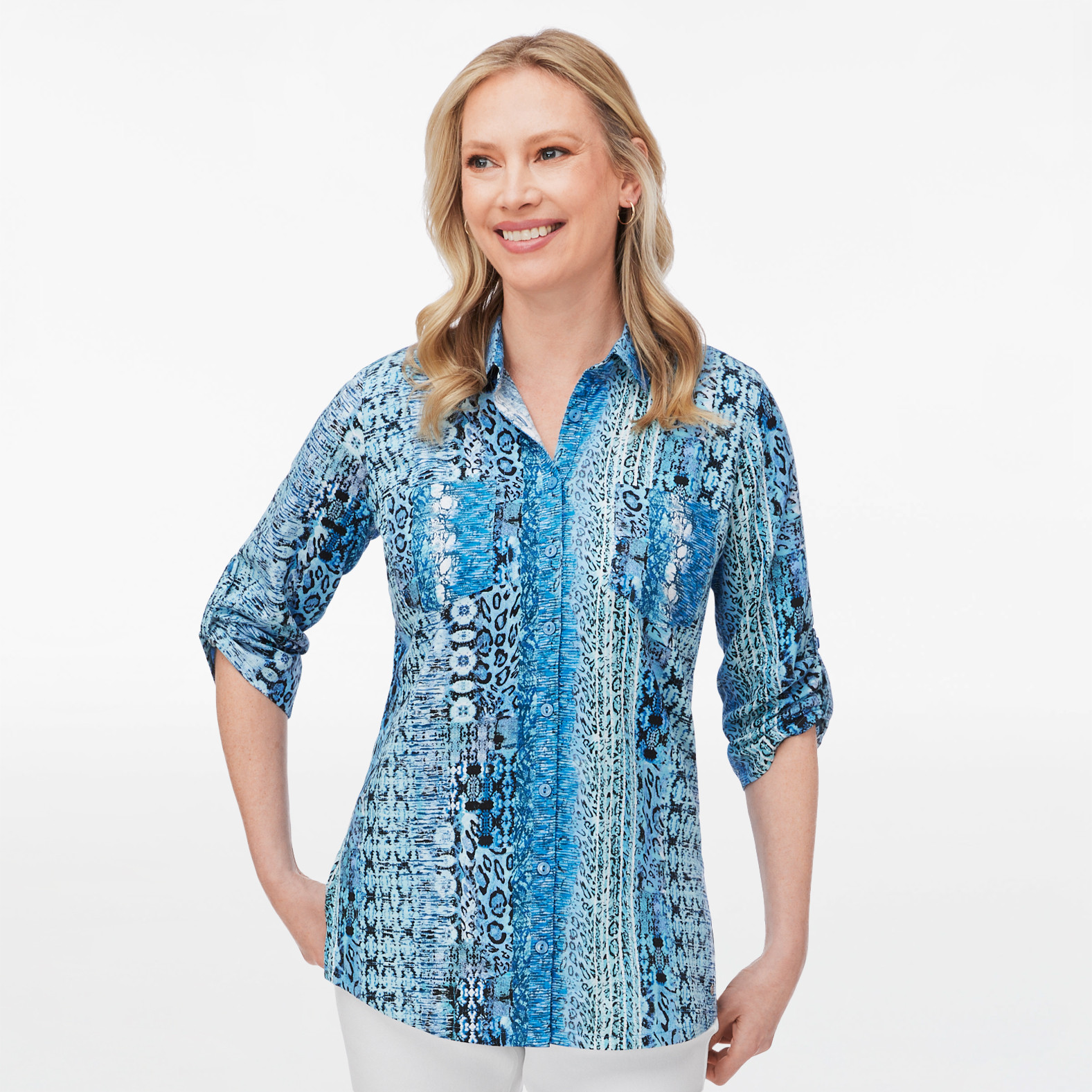 3/4 Sleeve Printed Linen Blouse