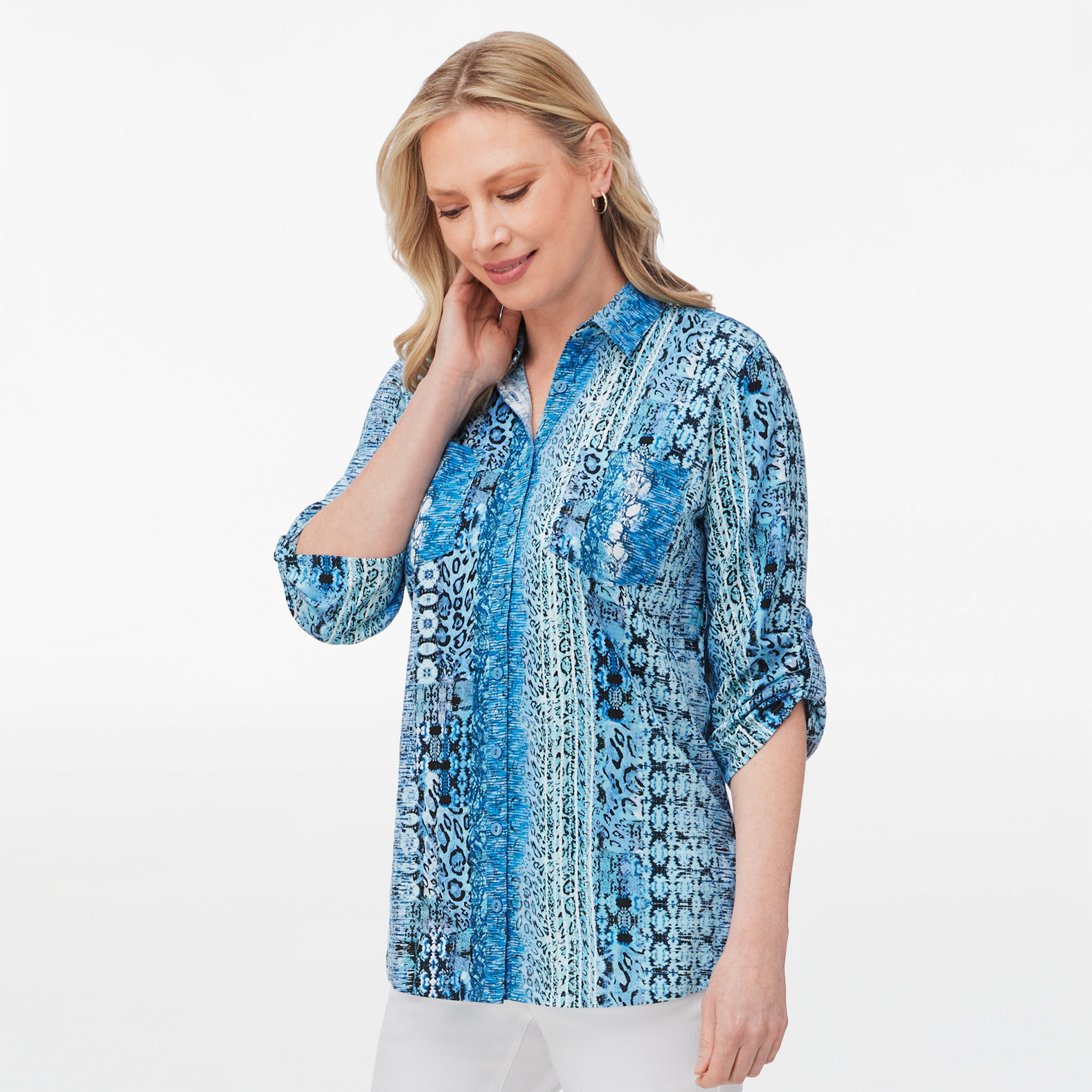 3/4 Sleeve Printed Linen Blouse