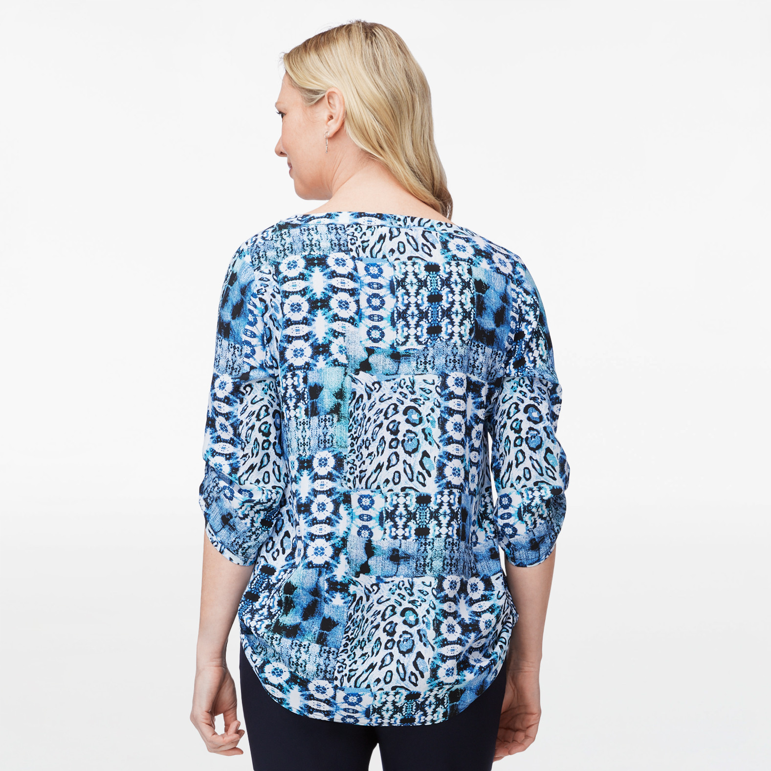 Three Quarter Sleeve Roll Tab Printed Top