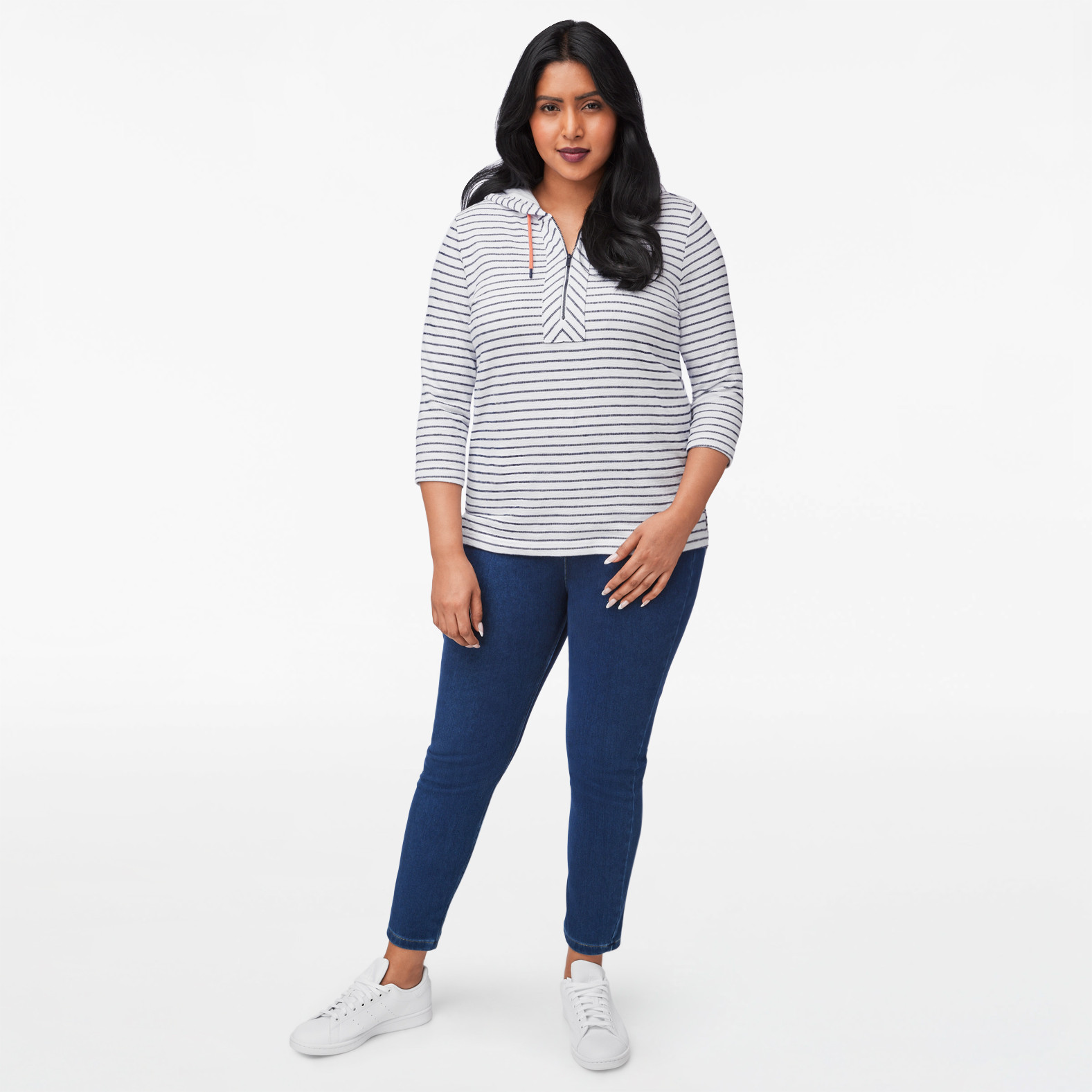 3/4 Sleeve Striped Hoodie Top