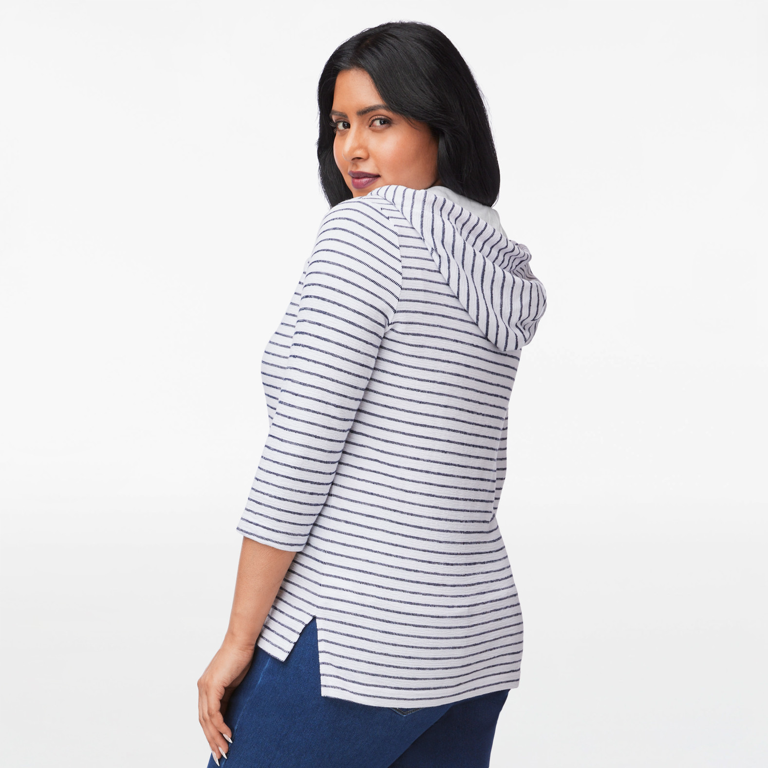 3/4 Sleeve Striped Hoodie Top
