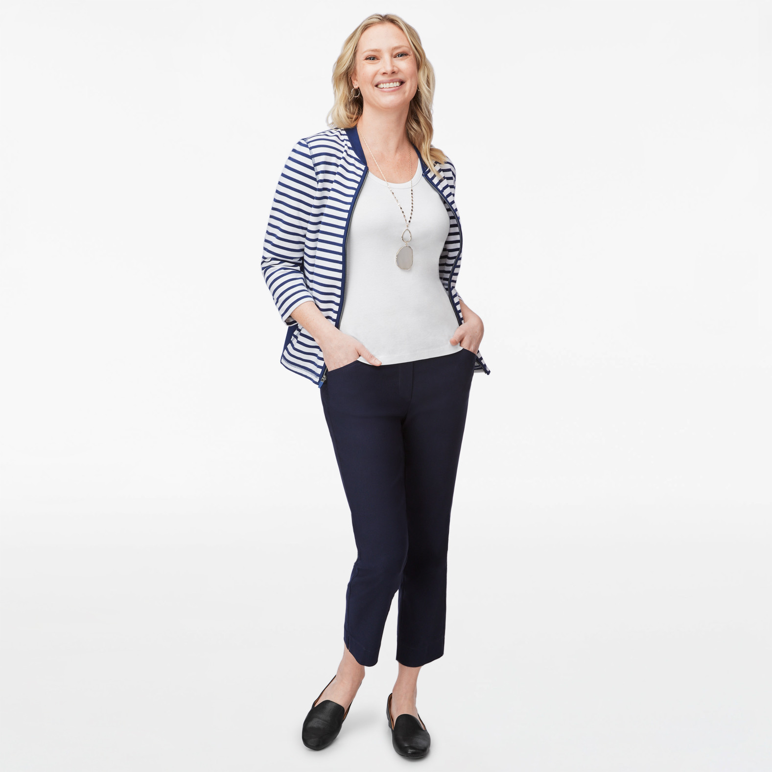 Three Quarter Sleeve Striped Zip Up Jacket