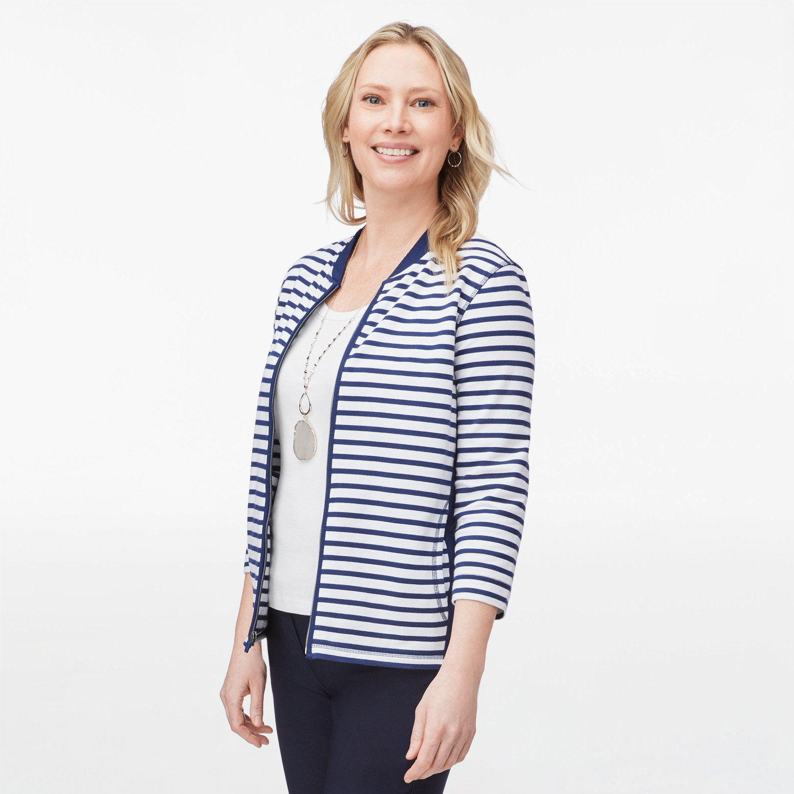 Three Quarter Sleeve Striped Zip Up Jacket