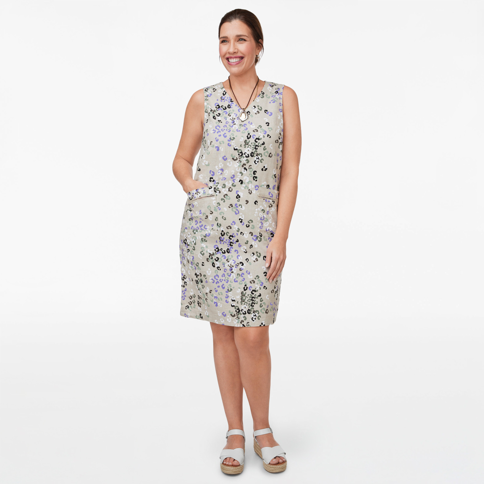 Sleeveless Linen Blend Printed Dress