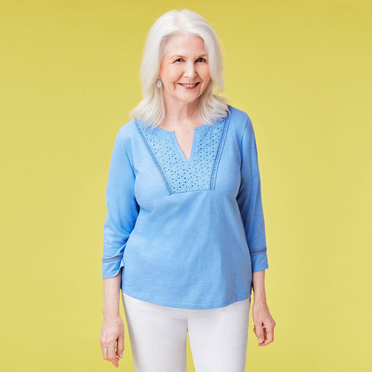 Petite - Eyelet Yoke Tee Front View Half Body