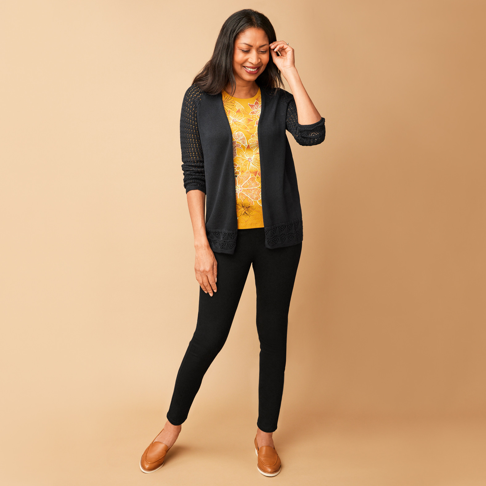 Everyday Fit Floral Garden Tee Full Body View outfit with black pointelle open cardigan
