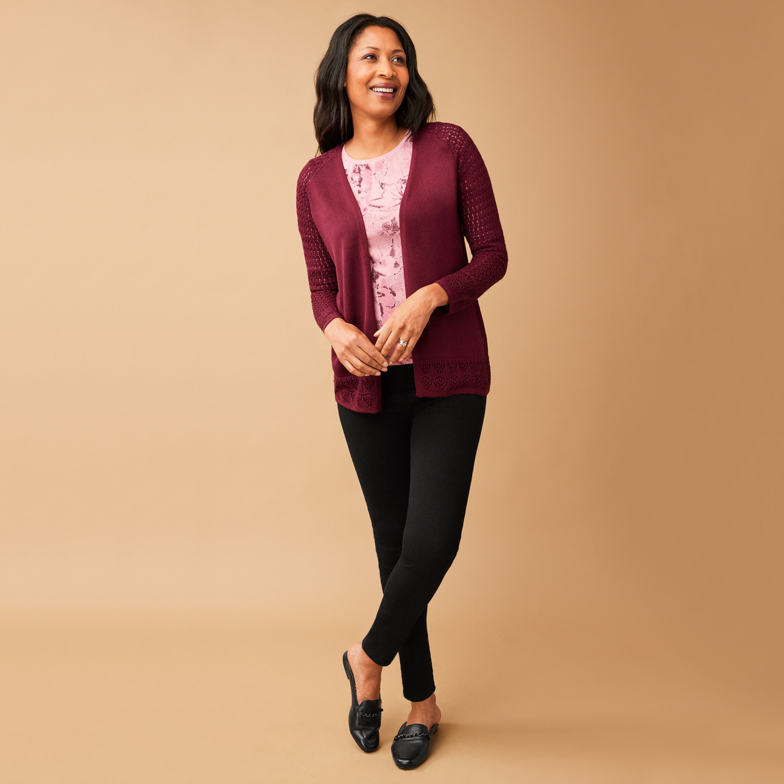 Everyday Fit Floral Tee Full Body View Outfit with Beet Red Pointelle Open Cardigan