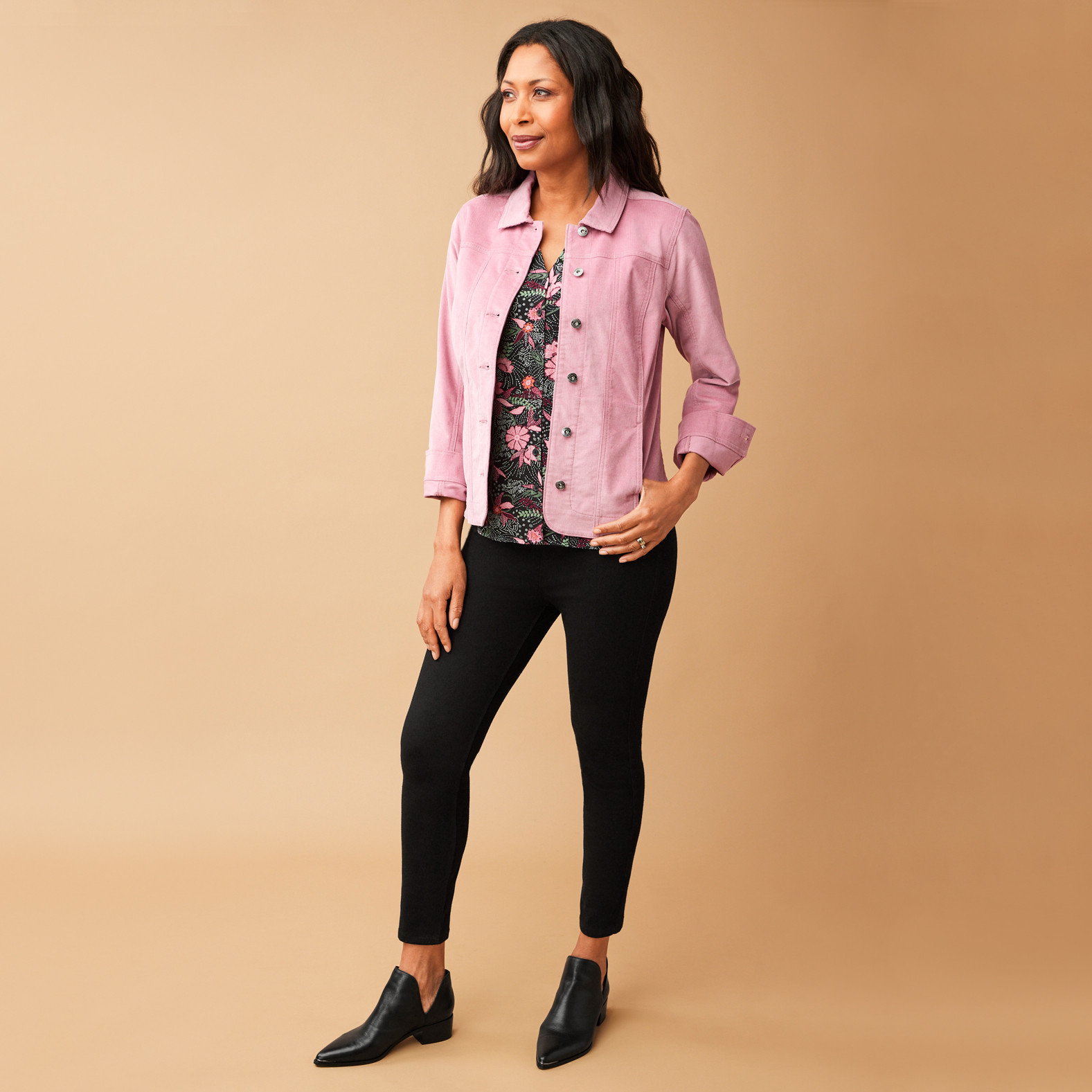 Floral Printed Y-Neck Blouse Full body view outfit with opal pink cord blazer