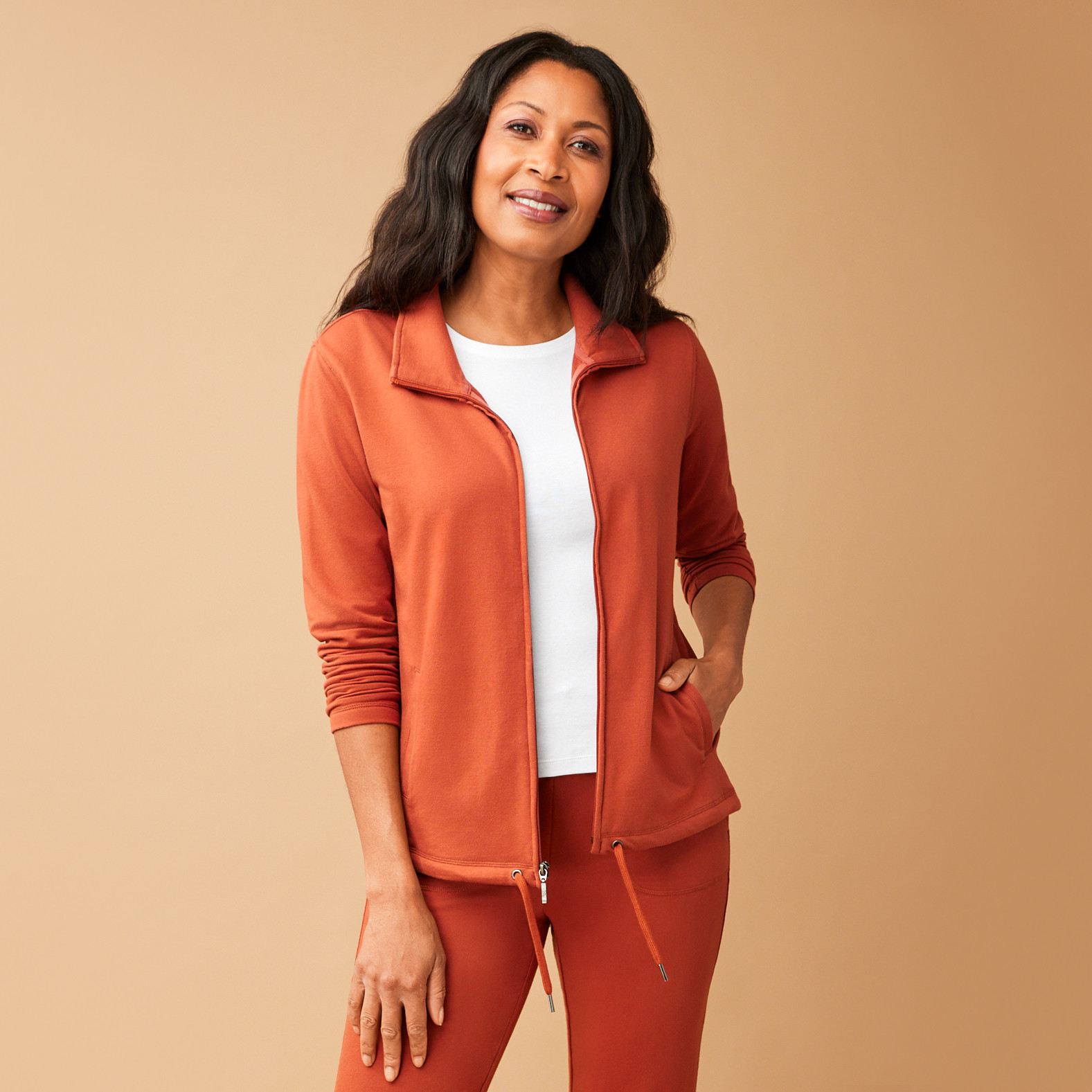 Women's French Terry Jacket Half Body Open Burnt copper