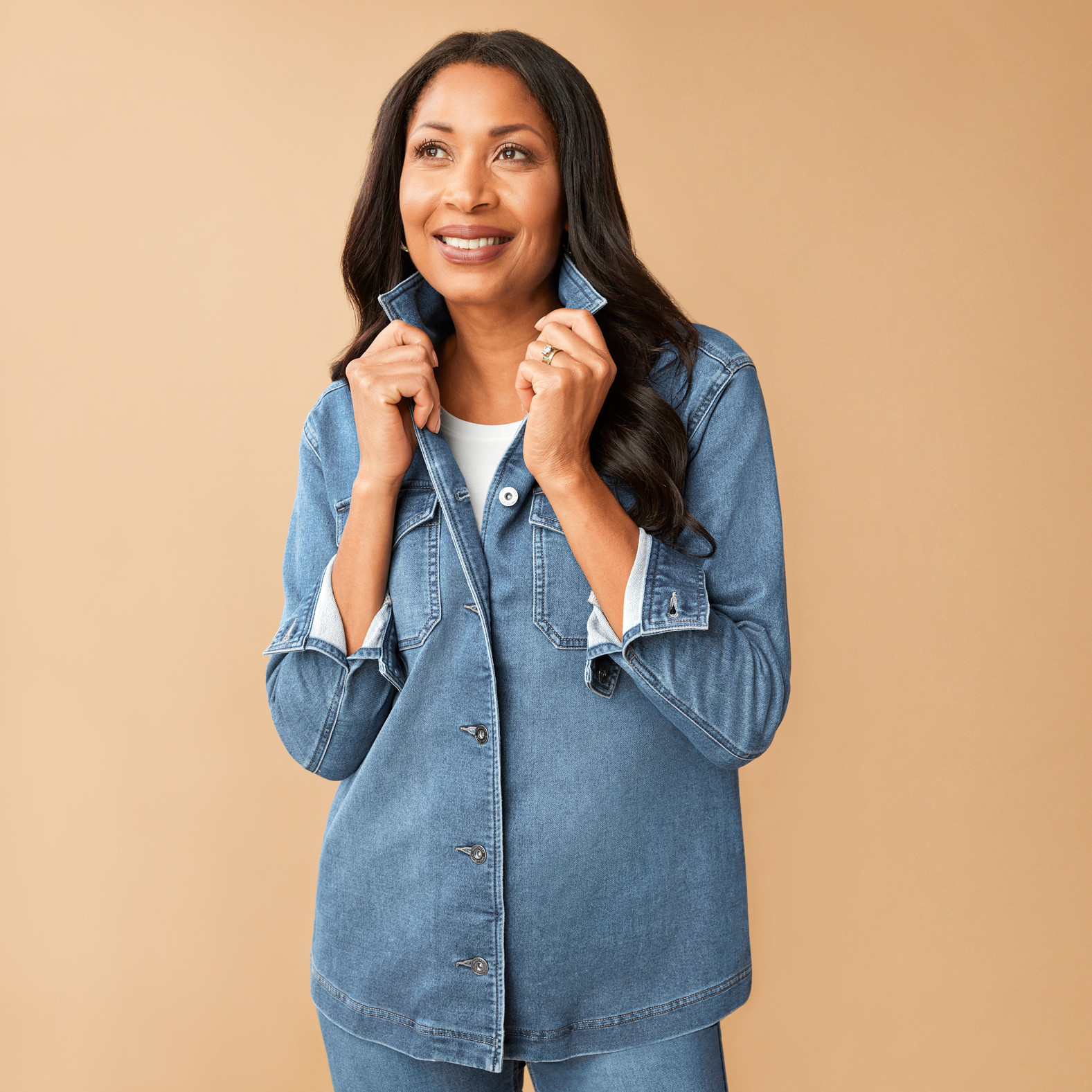 Knit Denim Shacket - Medium Wash Close up