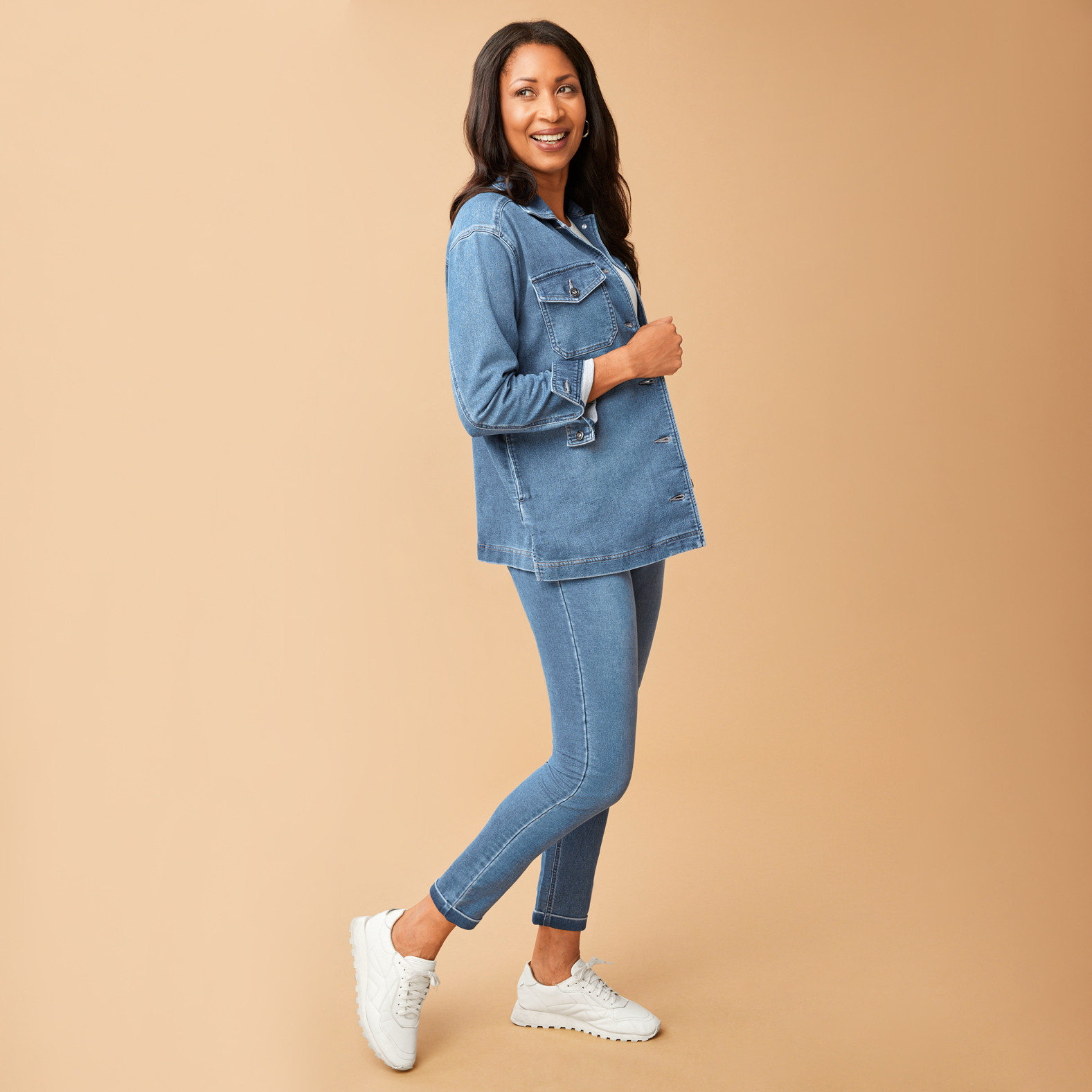Knit Denim Shacket - Medium Wash Side View