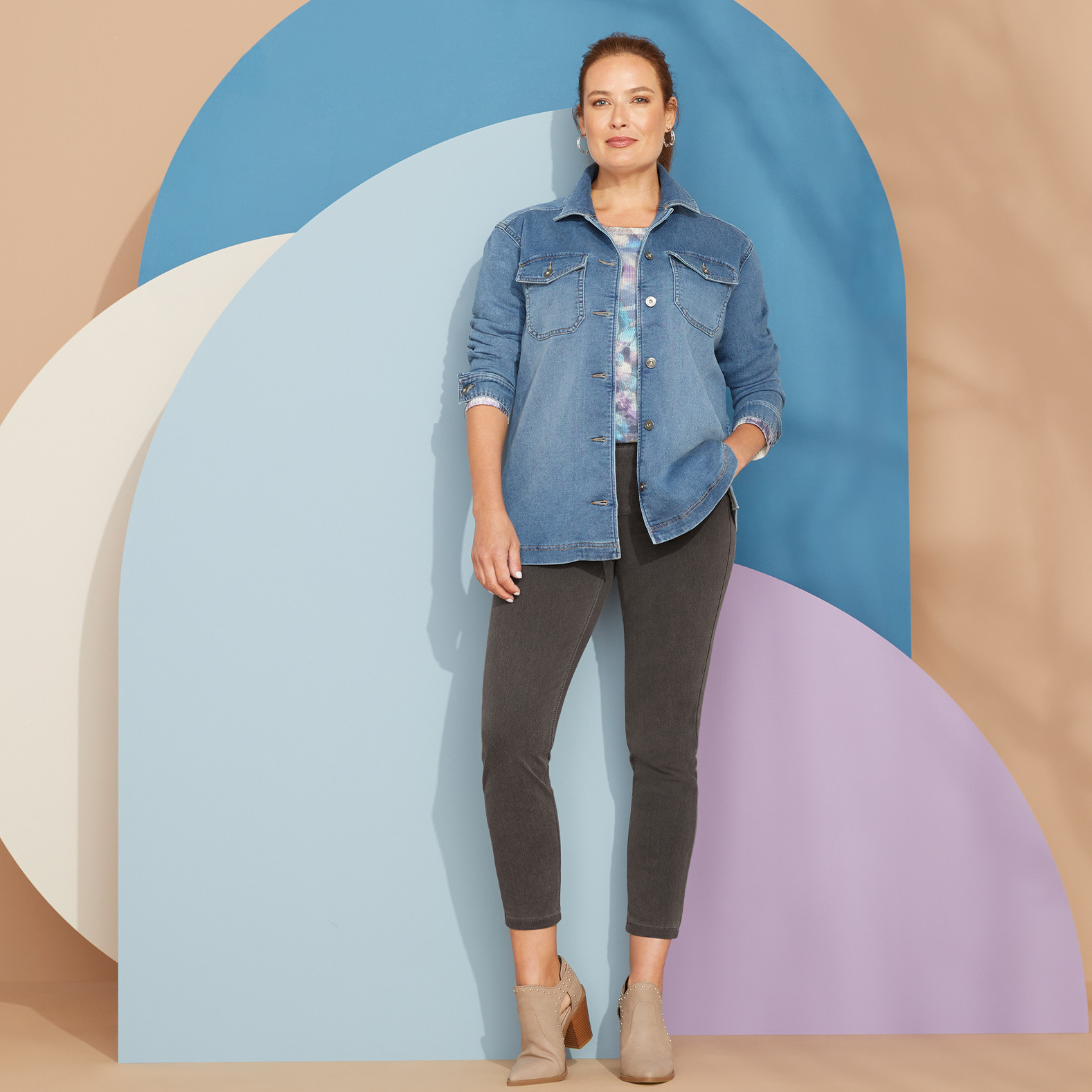 Knit Denim Shacket - Medium Wash Full Body