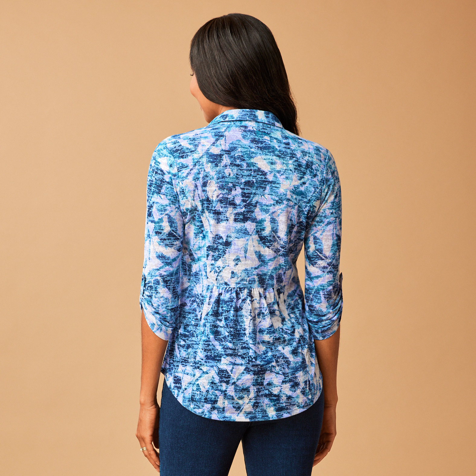 Petite - Printed Roll Tab Top Back View