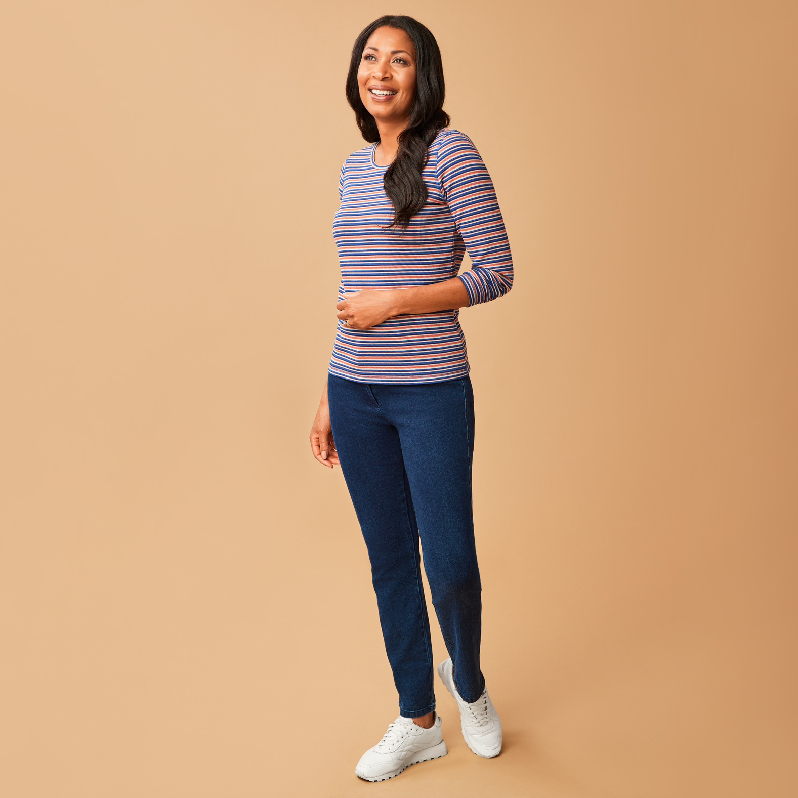 Waffle Knit Striped Top Front View Full Body