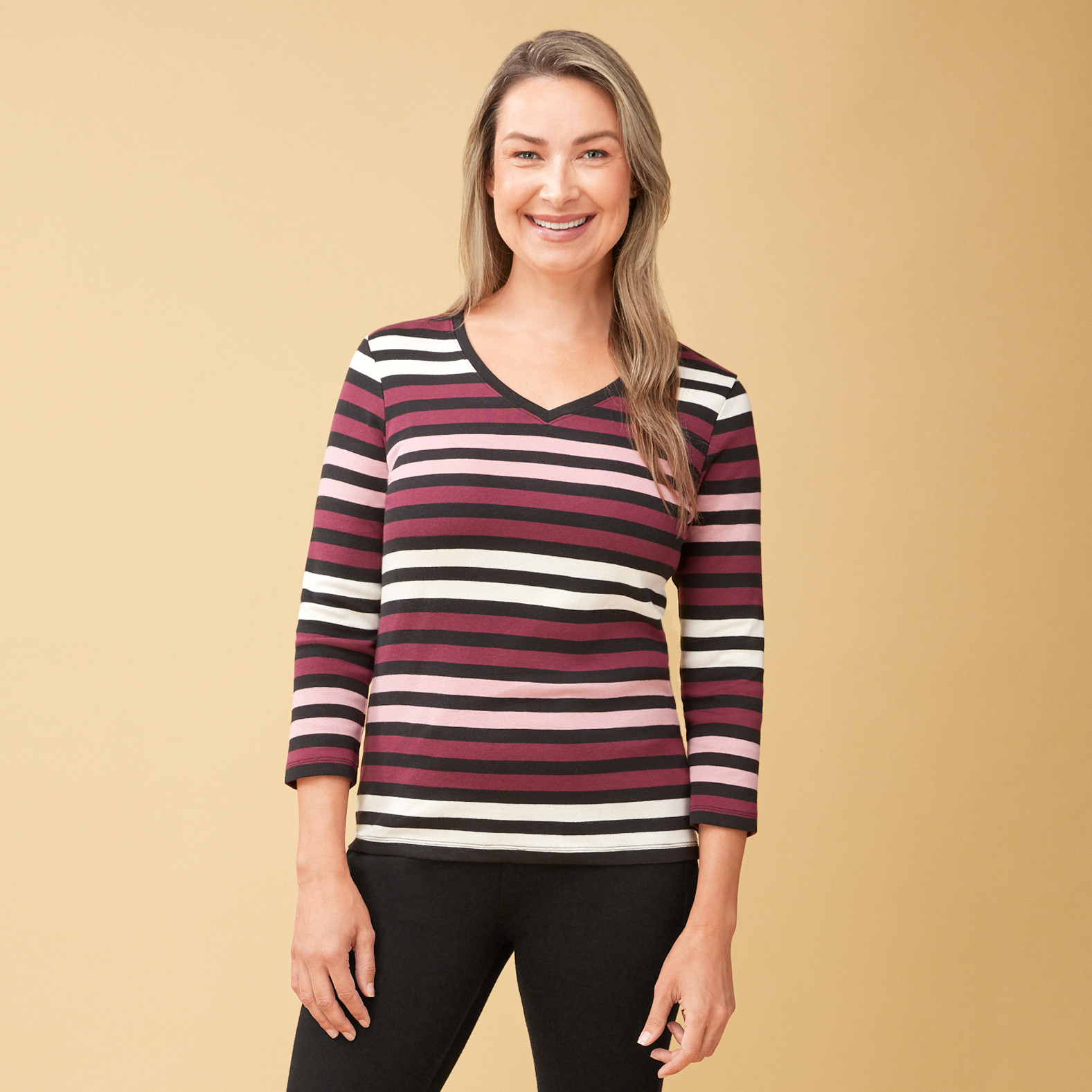 3/4 Sleeve V Neck Striped Top front view 2
