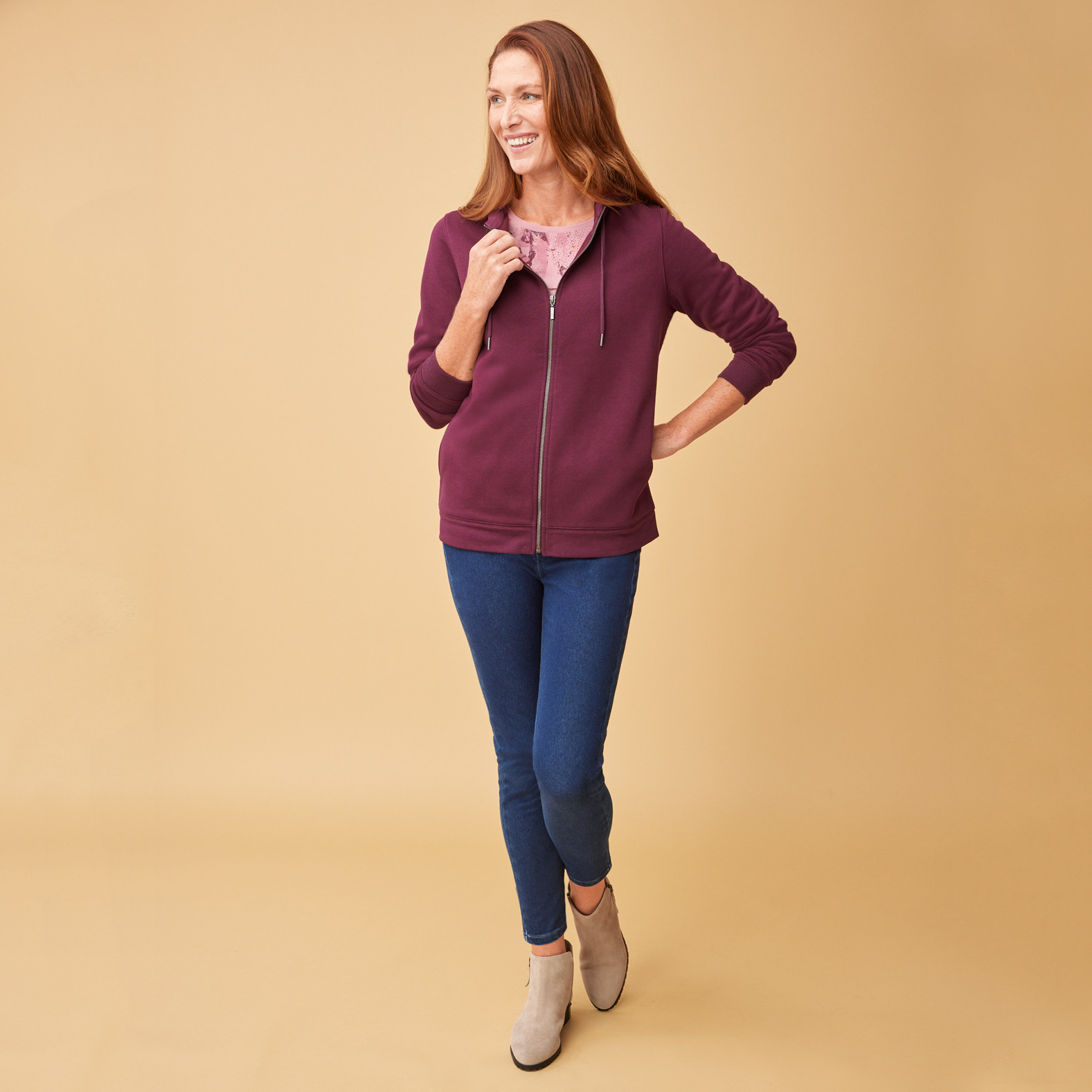 Petite - Long Sleeve Full Zip Hoodie full body front view