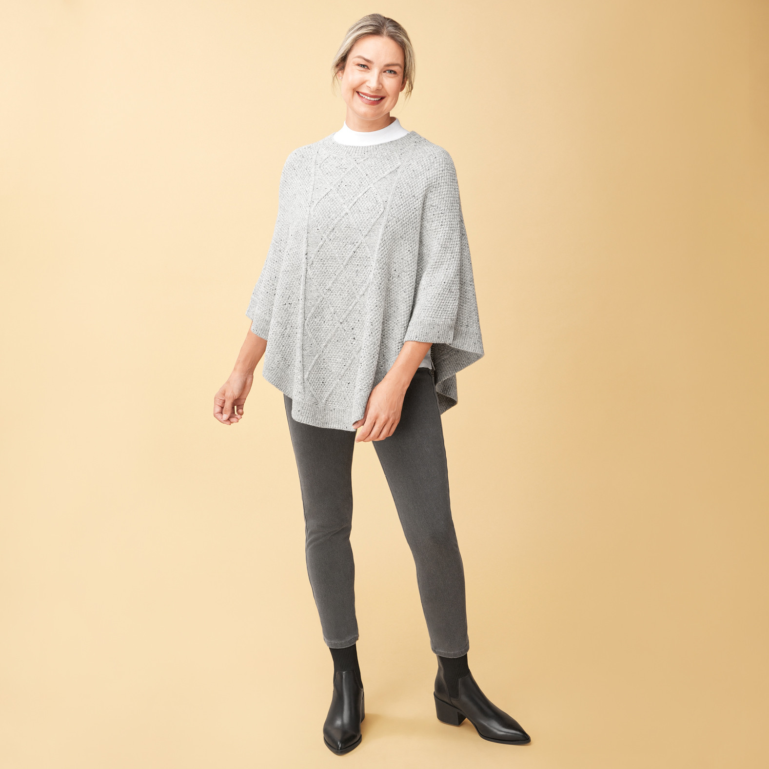 Nep Yarn Knit Poncho full body front view- grey