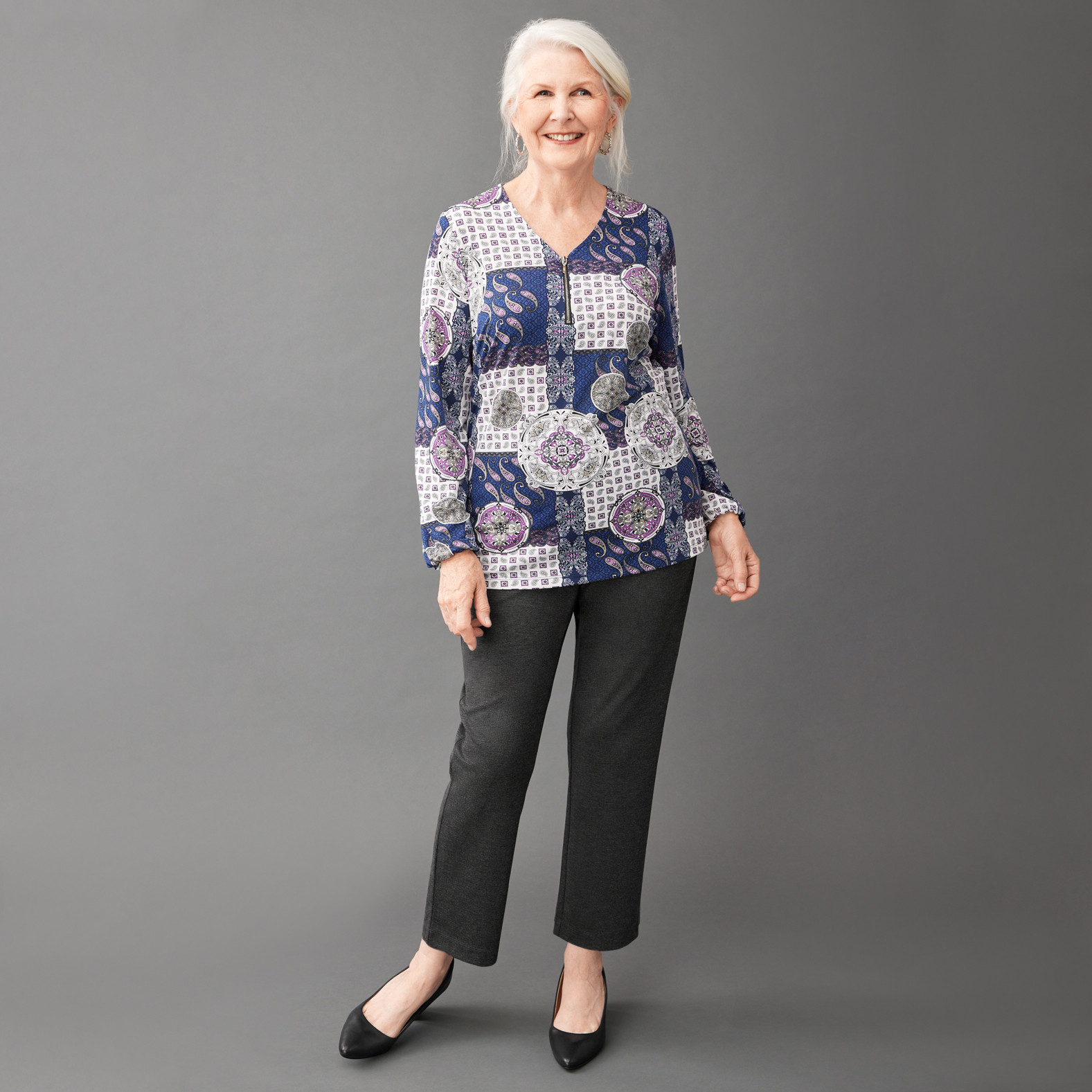 Patchwork Print Zip Detail Top front view