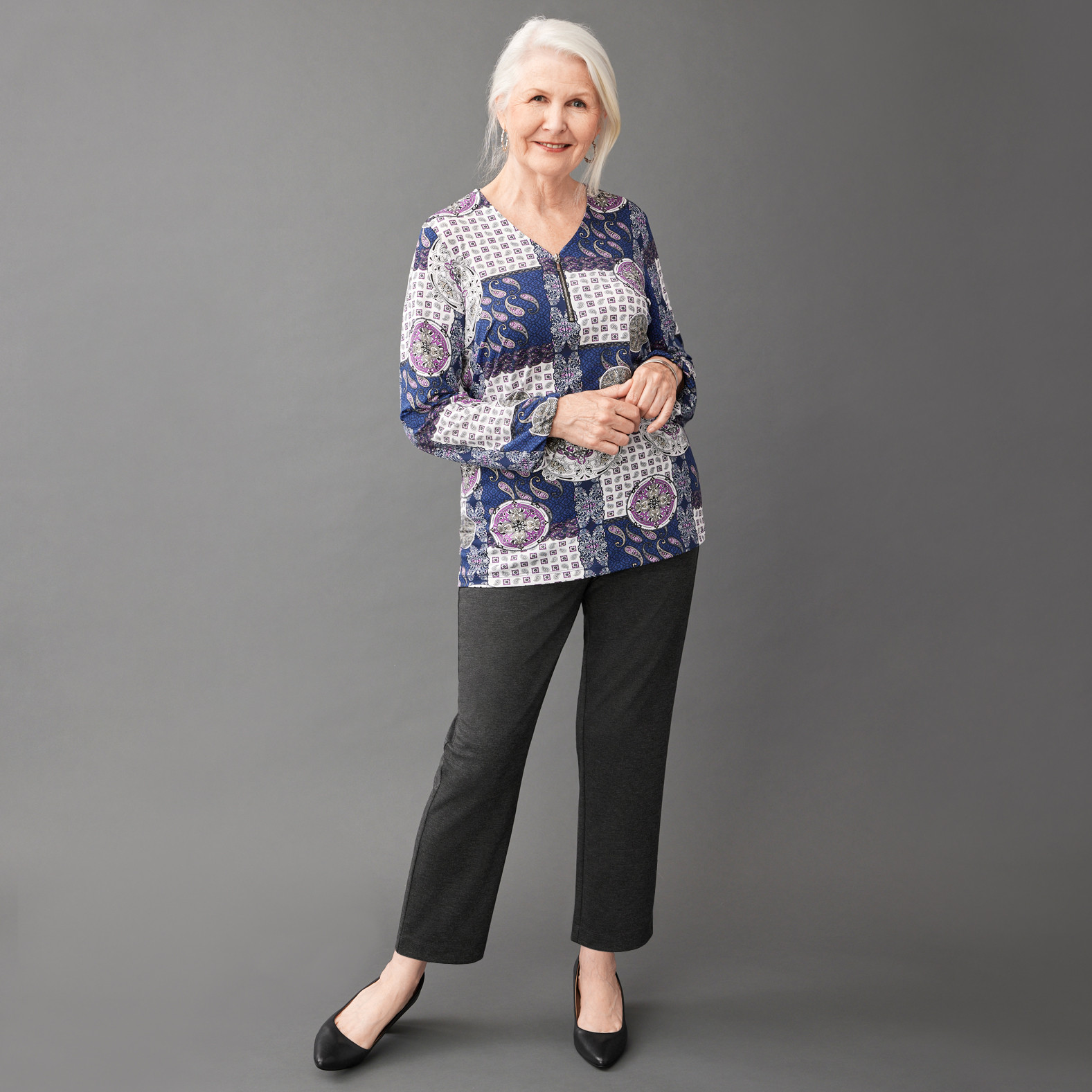 Patchwork Print Zip Detail Top full body front view