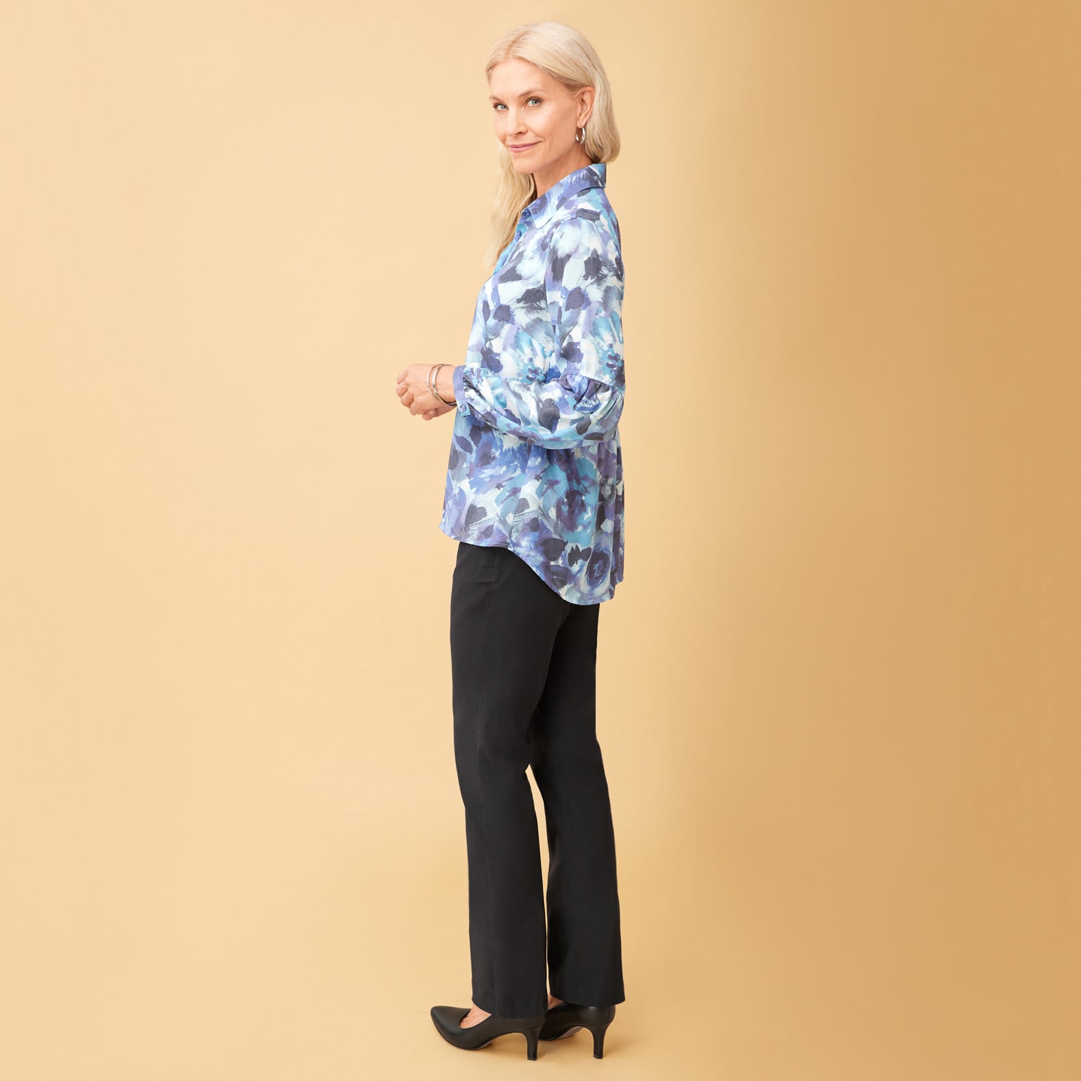 Printed Peplum Long Sleeve Shirt side view full body